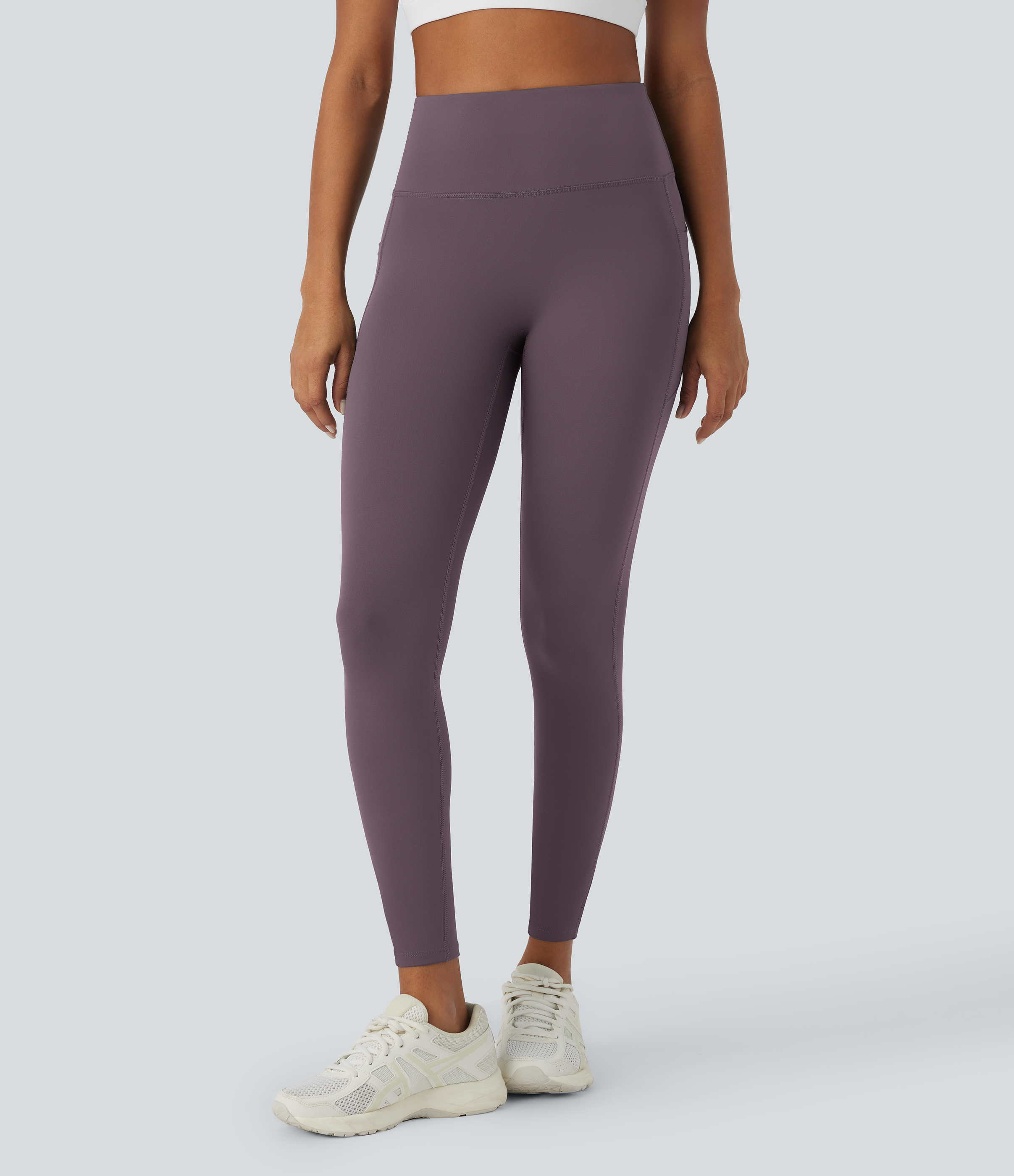 Halara PatitoffВ® 2.0 Pet Hair Resistant High Waisted Side Pocket Yoga Leggings  - Light Gray Plum Purple - M(full_length) gym leggings 