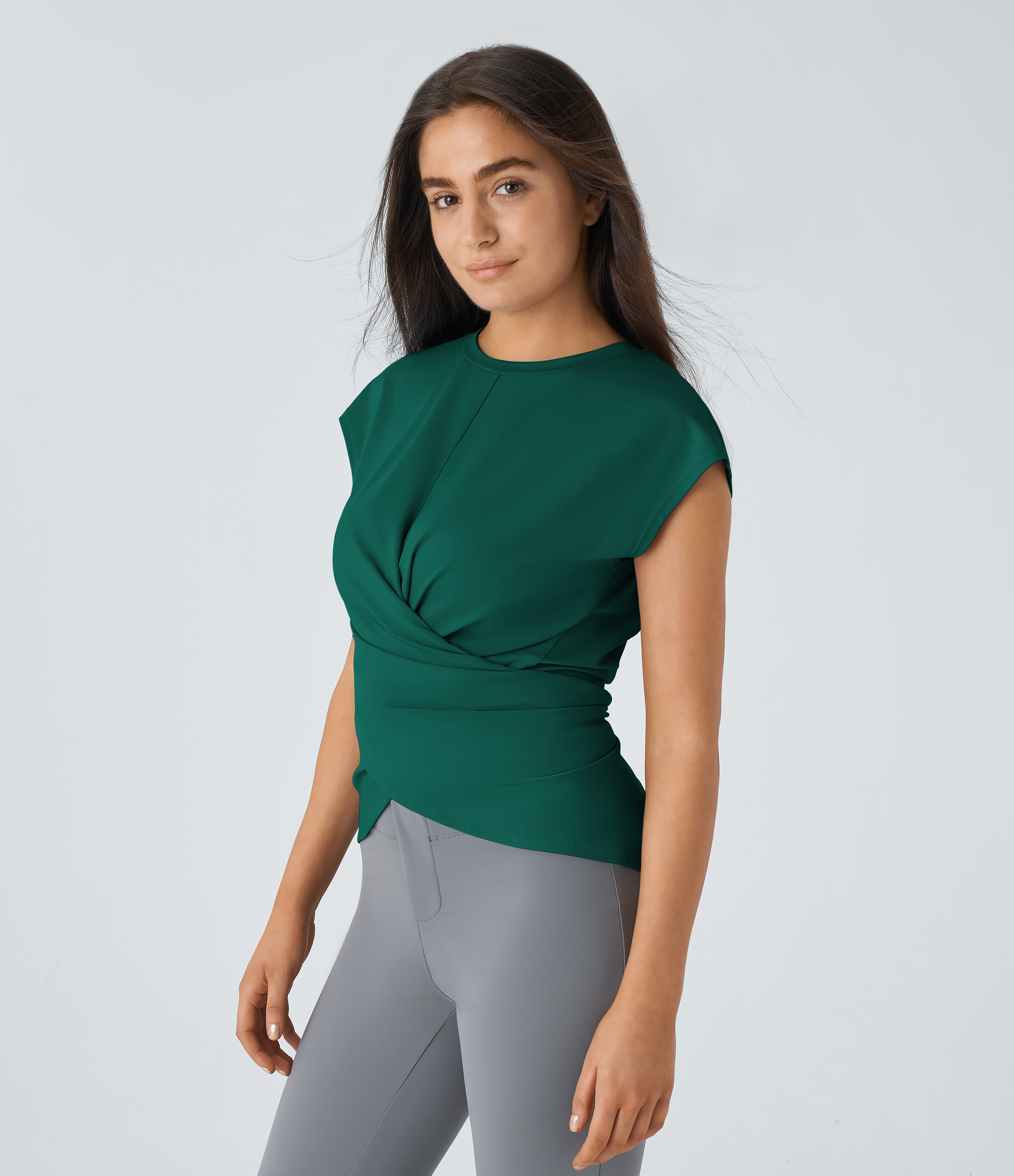 Halara Cap Sleeve Crossover Hem Adjustable Button Work Top  - Rain Forest - XS 