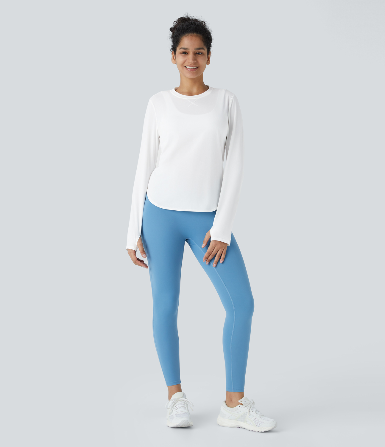 Halara Round Neck Thumb Hole Curved Hem Hiking Sports Top  - White - XL 