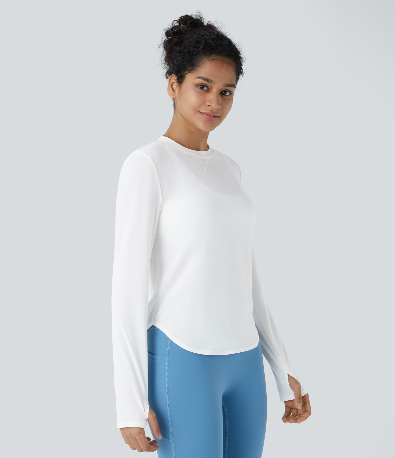 Halara Round Neck Thumb Hole Curved Hem Hiking Sports Top  - White - XL 