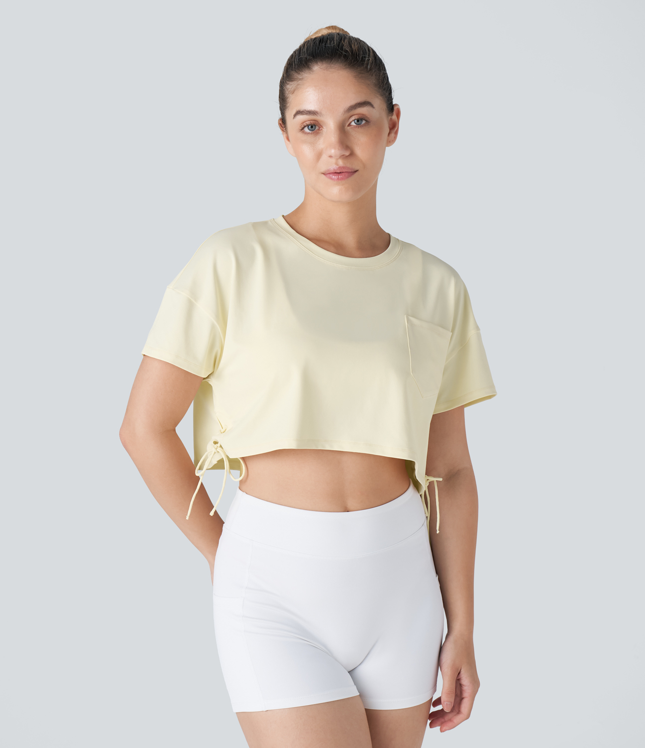 Halara Dropped Shoulder Chest Pocket Lace Up Cropped Dance Sports Top  - Vague Yellow - S 