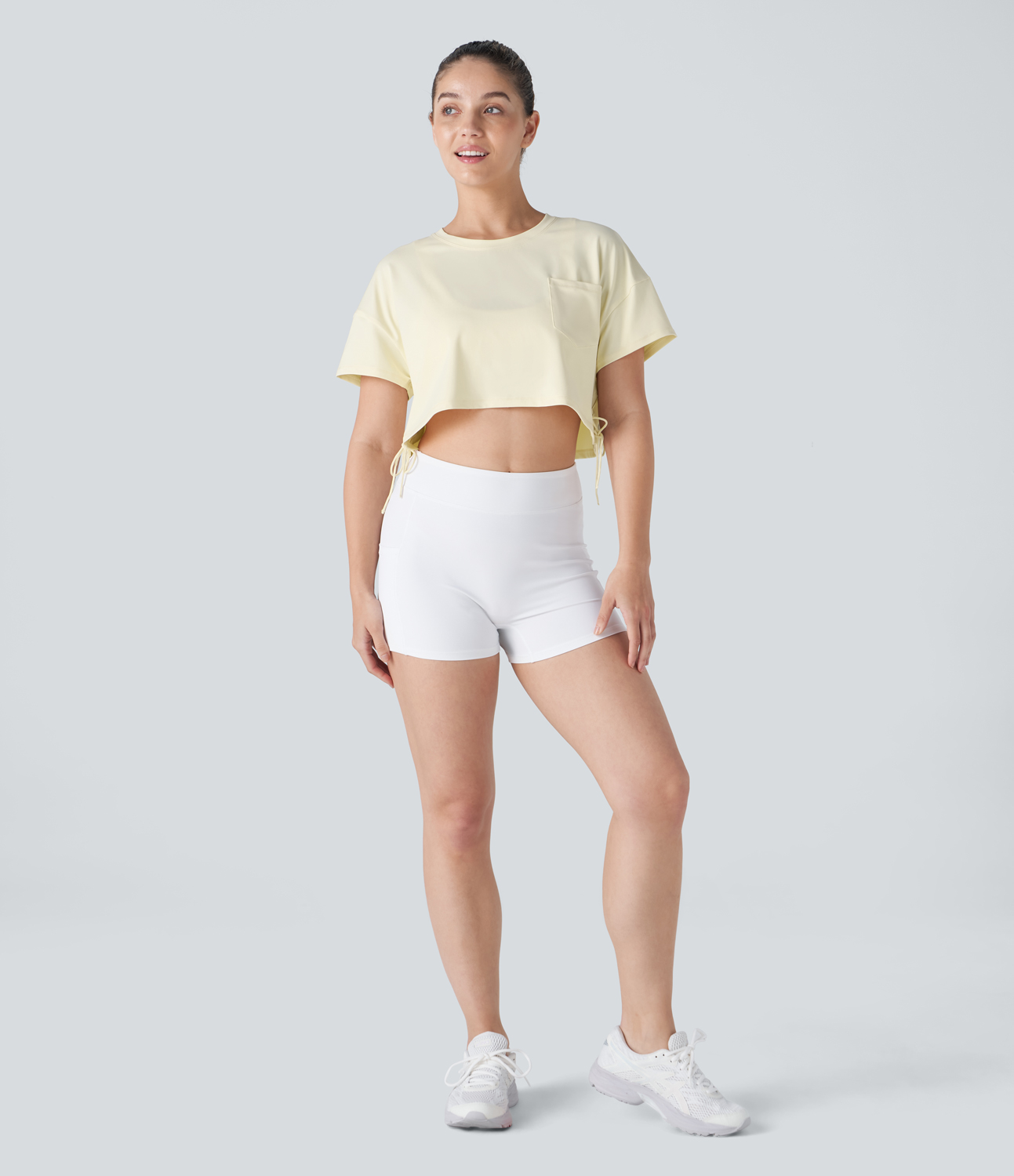 Halara Dropped Shoulder Chest Pocket Lace Up Cropped Dance Sports Top  - Vague Yellow - S 