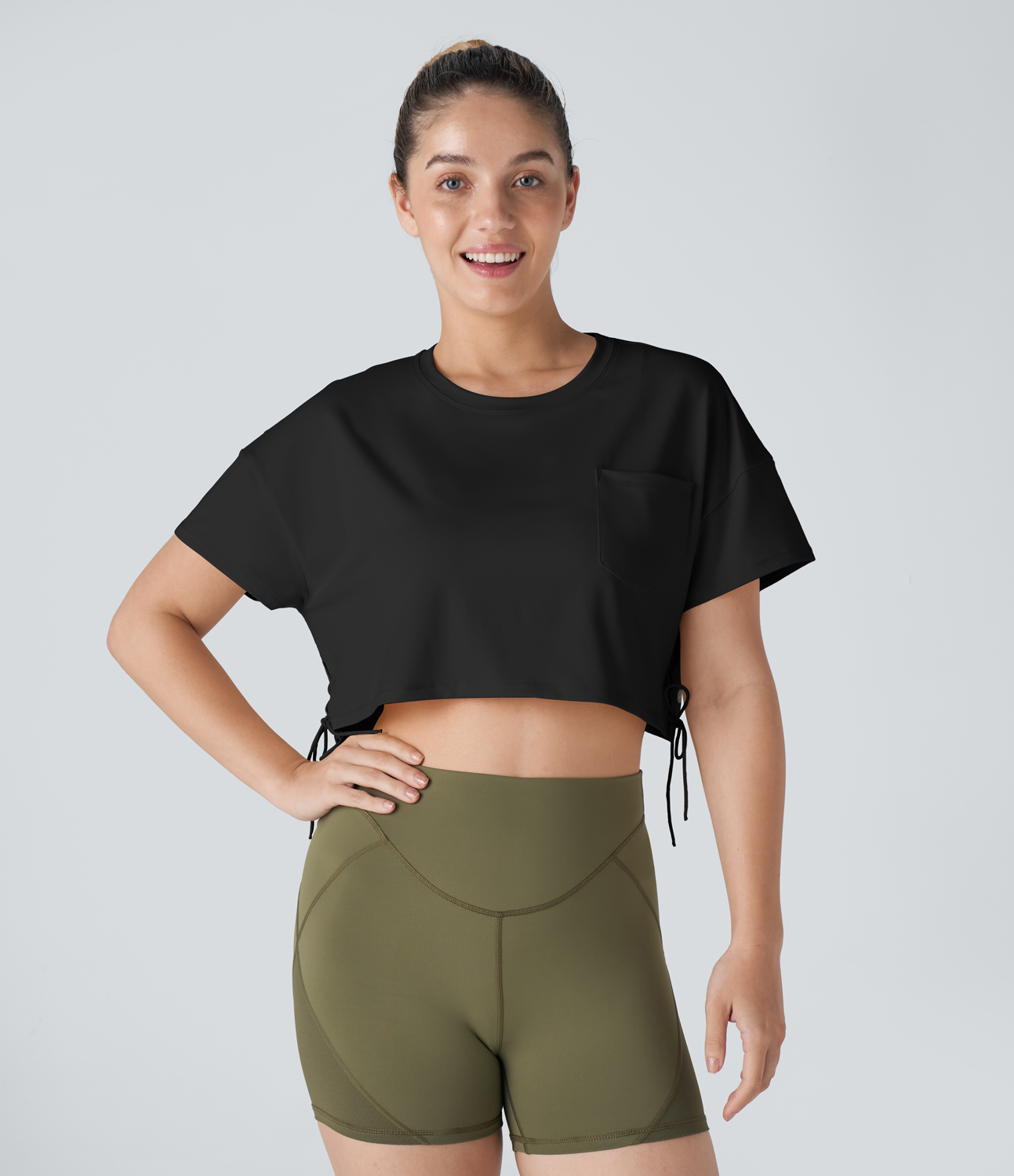 Halara Dropped Shoulder Chest Pocket Lace Up Cropped Dance Sports Top  - Black - M 