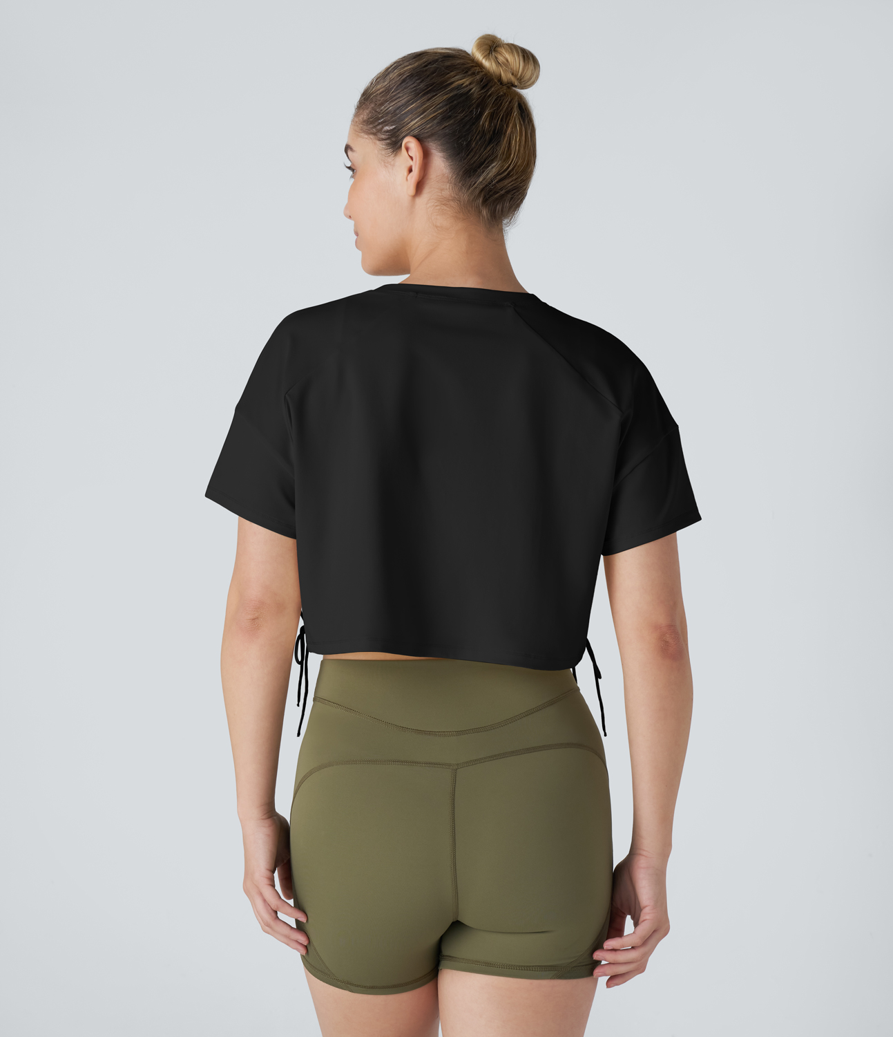 Halara Dropped Shoulder Chest Pocket Lace Up Cropped Dance Sports Top  - Black - M 