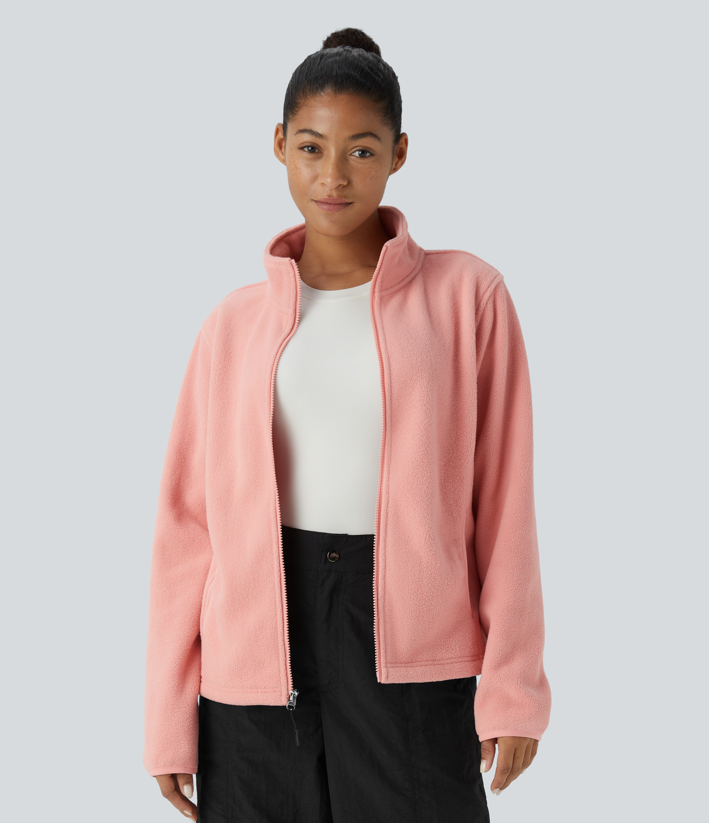 Halara Funnel Neck Long Sleeve Zipper Side Pocket Casual Fleece Jacket  - Coral Cloud - XL 