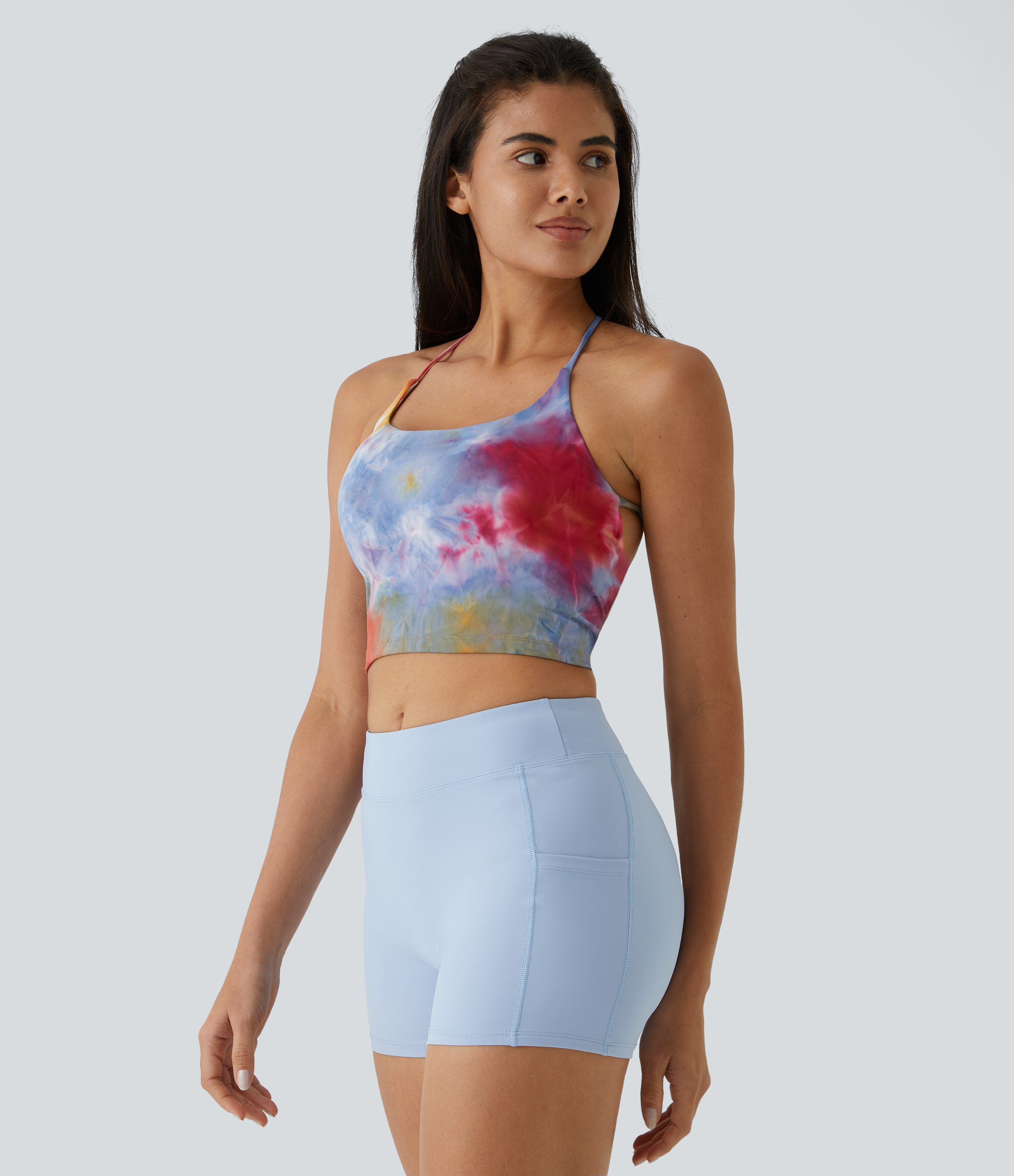 Halara Spaghetti Strap Tie Dye Backless Crisscross Lace Up Cropped Tank Top Tank Top - Tie-dye Red Yellow - XS golf tops halter top 