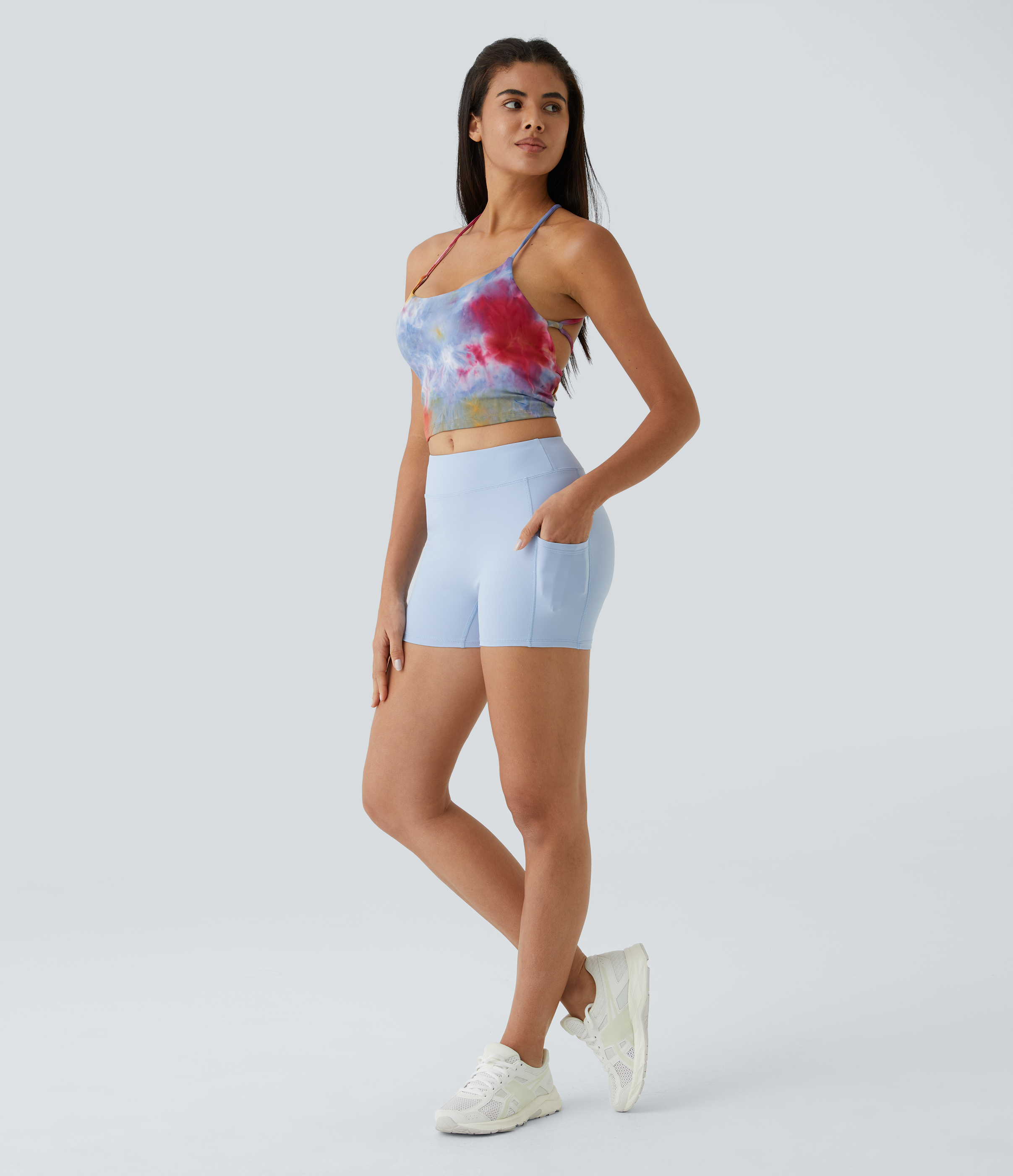Halara Spaghetti Strap Tie Dye Backless Crisscross Lace Up Cropped Tank Top Tank Top - Tie-dye Red Yellow - XS golf tops halter top 