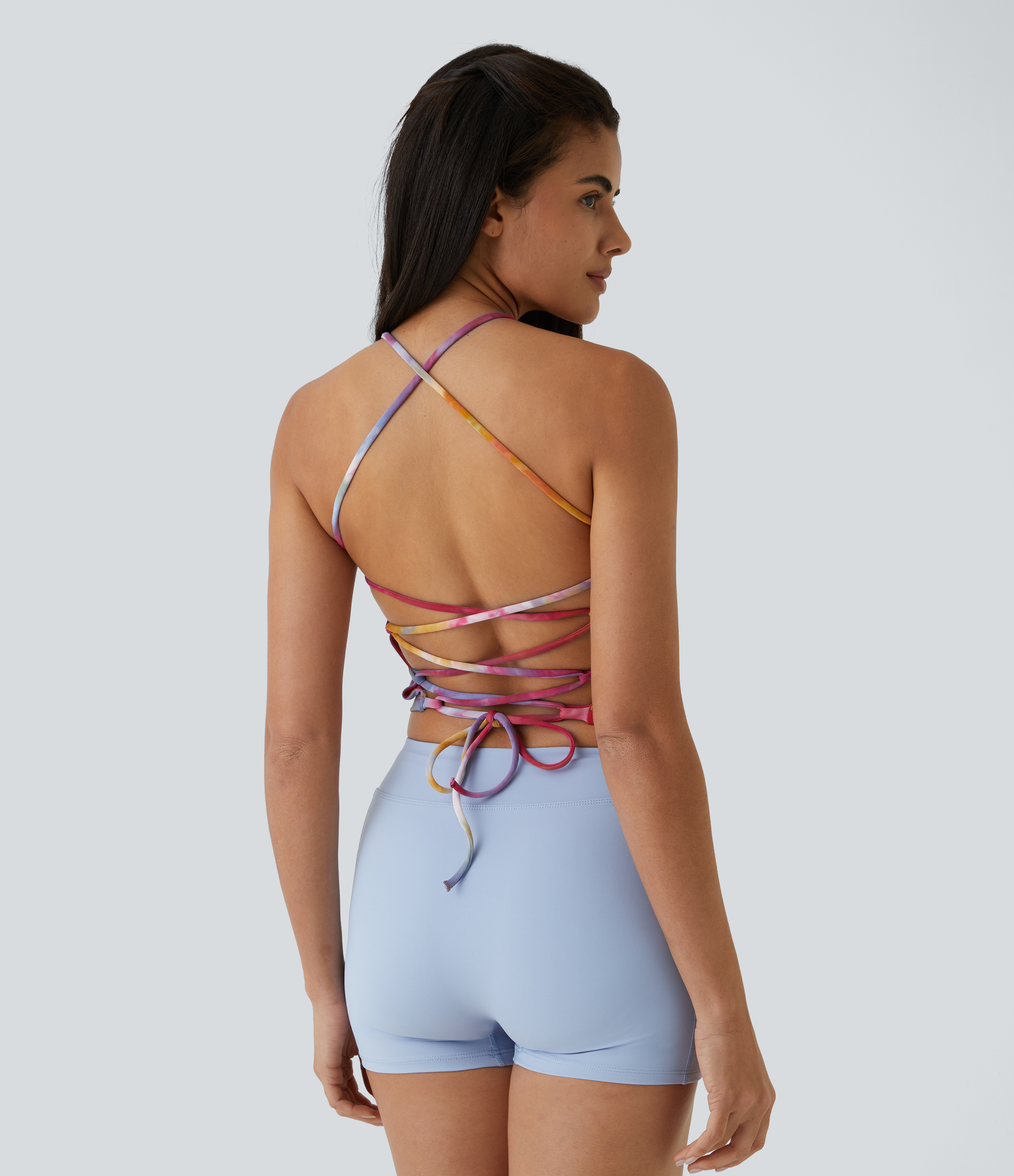 Halara Spaghetti Strap Tie Dye Backless Crisscross Lace Up Cropped Tank Top Tank Top - Tie-dye Red Yellow - XS golf tops halter top 