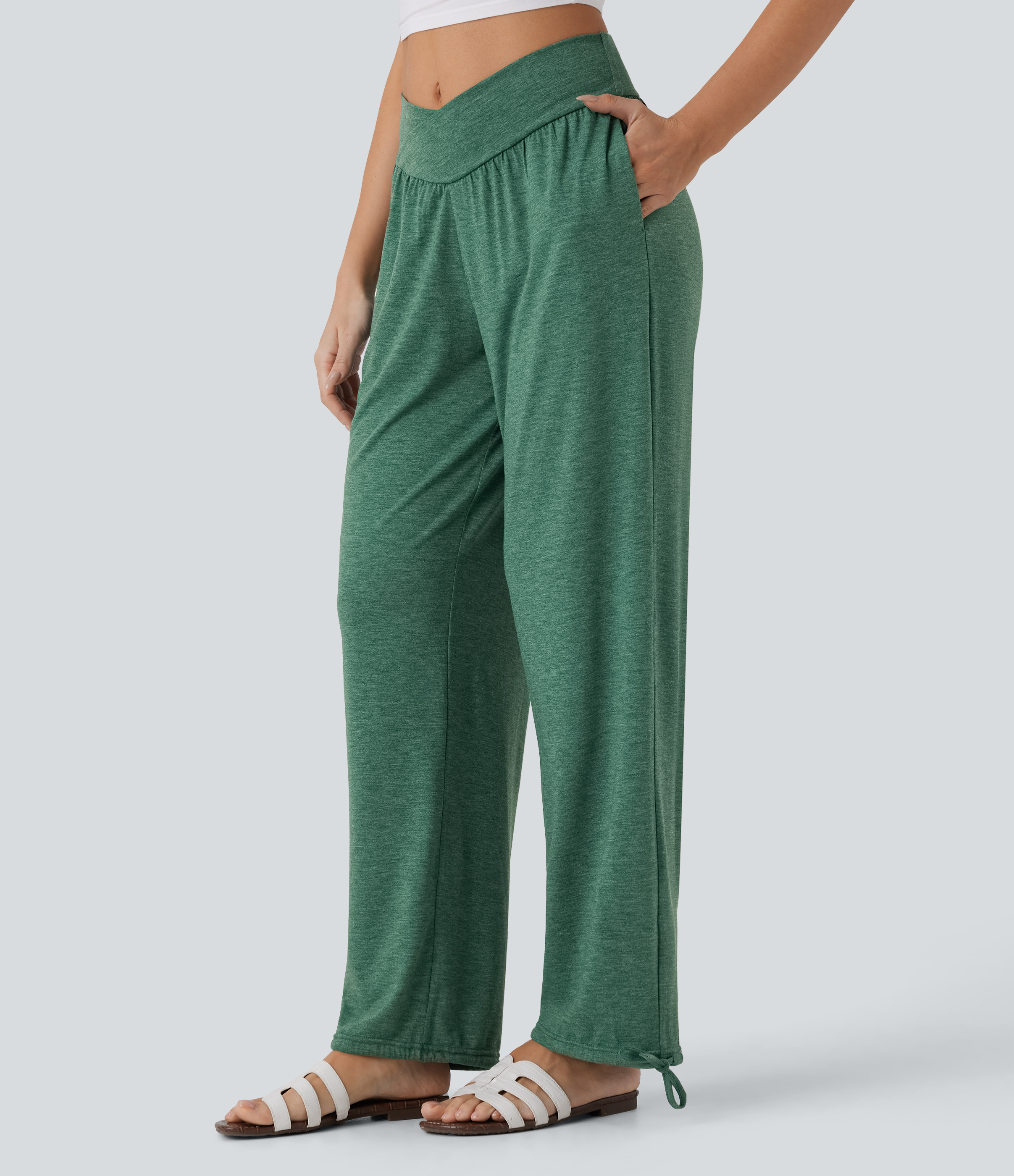 Halara Crossover High Waisted Side Pocket Drawstring Casual Joggers  - Emerald Floral Yarn - L(regular) 