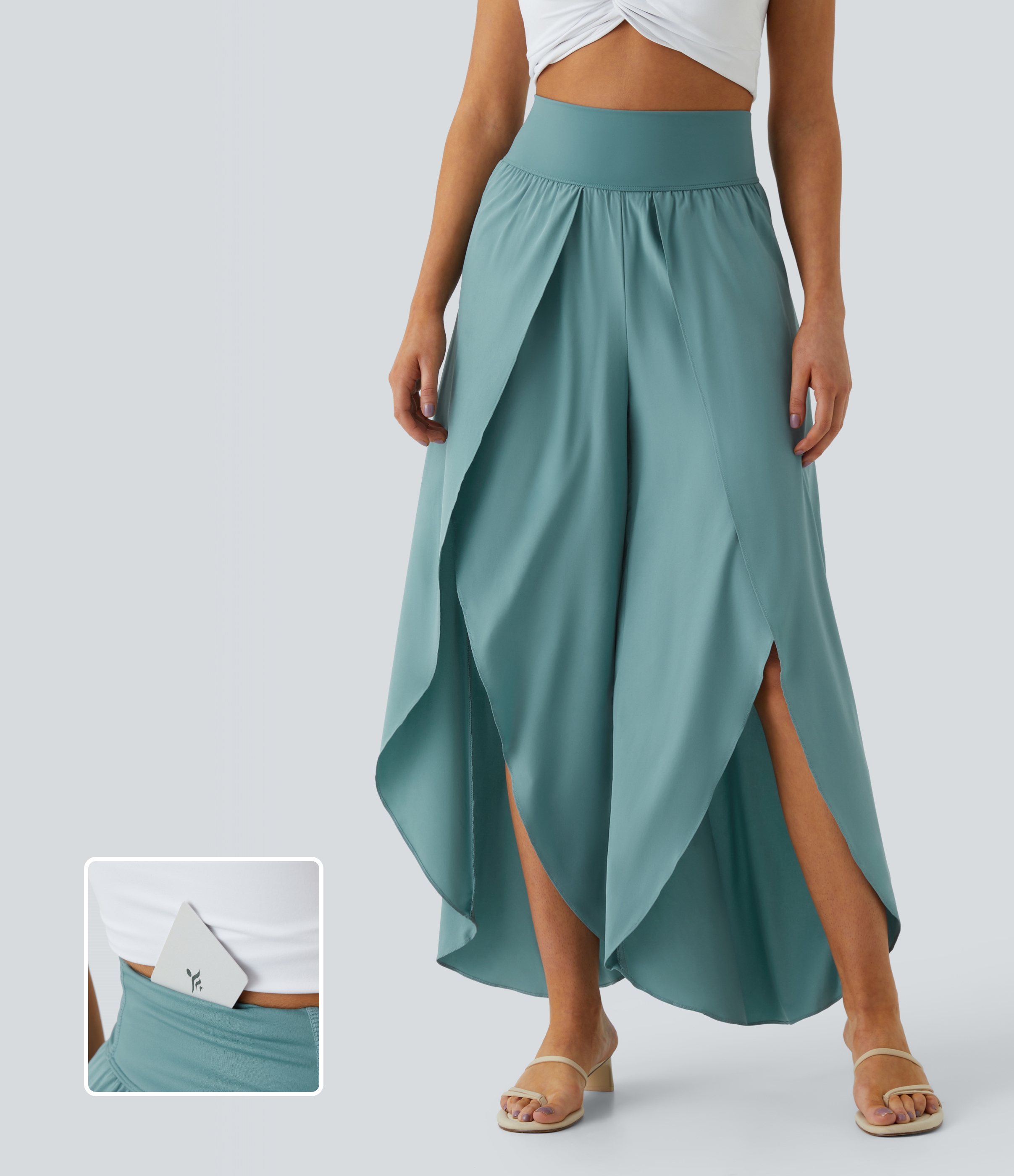 Halara Breezefulв„ў High Waisted Back Waistband Pocket Palazzo Flowy Split Wide Leg Quick Dry Casual Pants  - Mineral Blue - S(regular) 