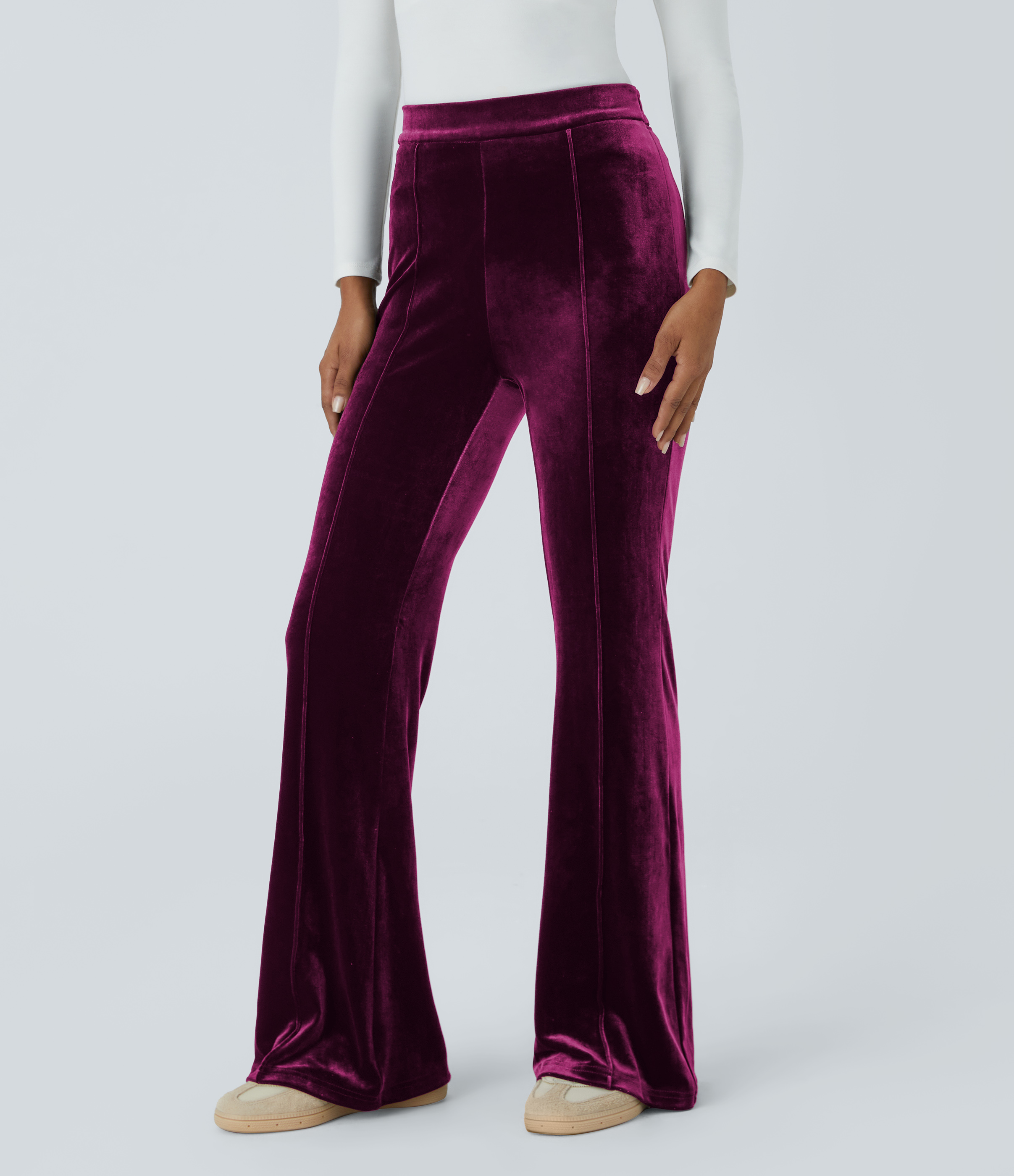 Halara High Waisted Side Zipper Flare Velvet Casual Pants  - Red Violet - L sweatpants jogger pants stacked sweatpants cargo joggers 