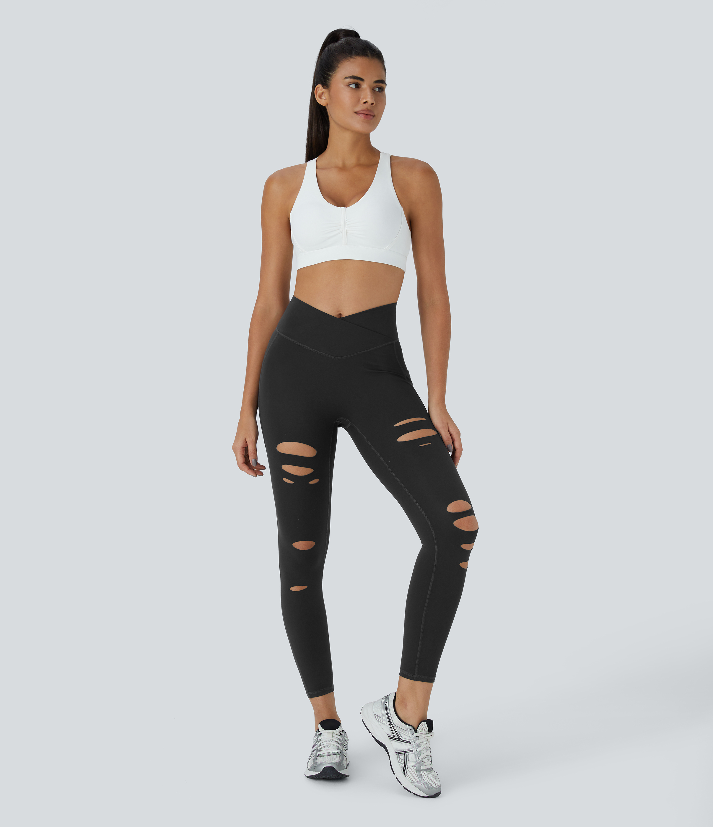 Halara High Waisted Crossover Side Pocket Ripped Cut Out Casual 7/8 Leggings  - Black - L gym leggings leggings with pockets 