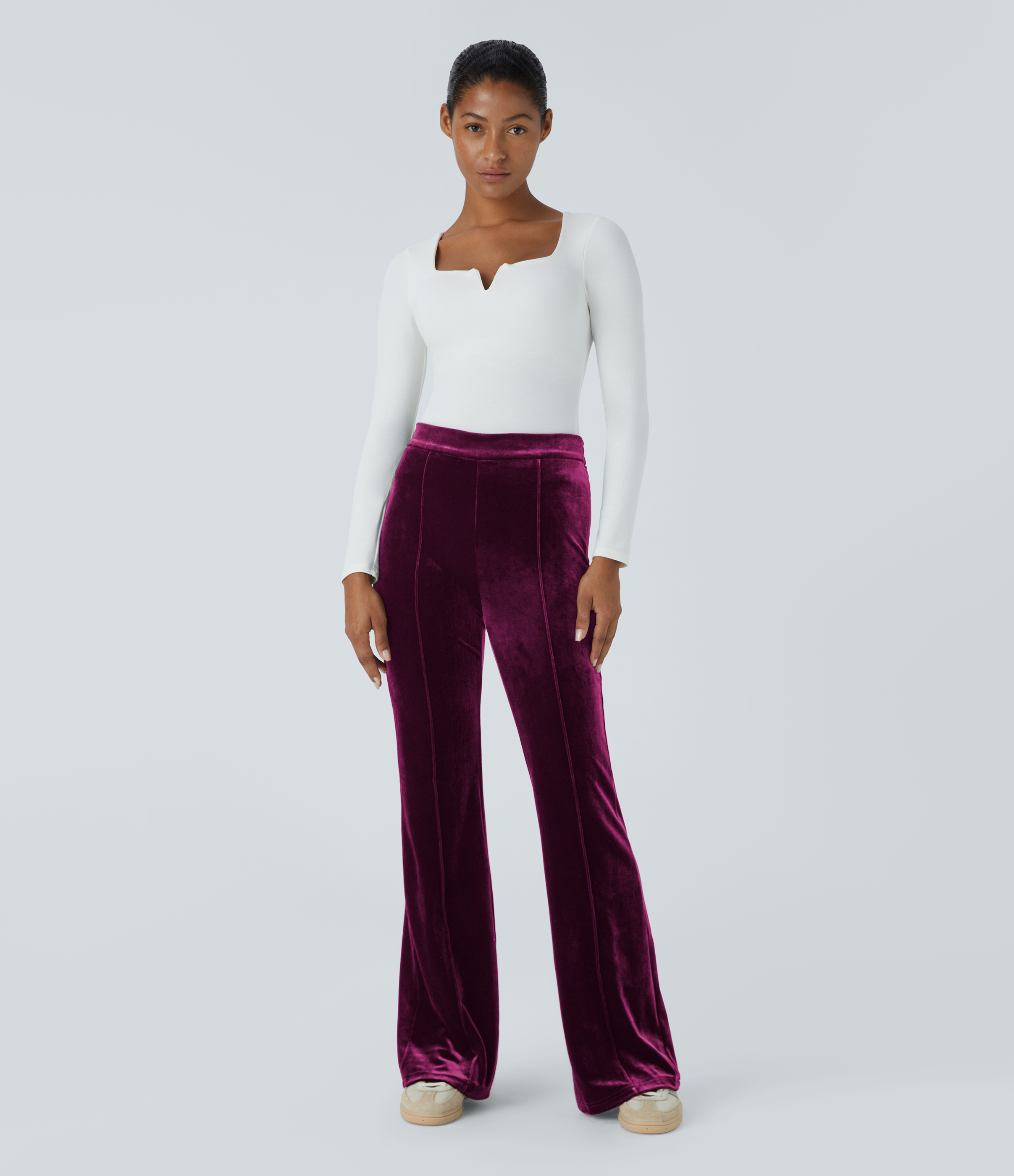 Halara High Waisted Side Zipper Flare Velvet Casual Pants  - Red Violet - L sweatpants jogger pants stacked sweatpants cargo joggers 