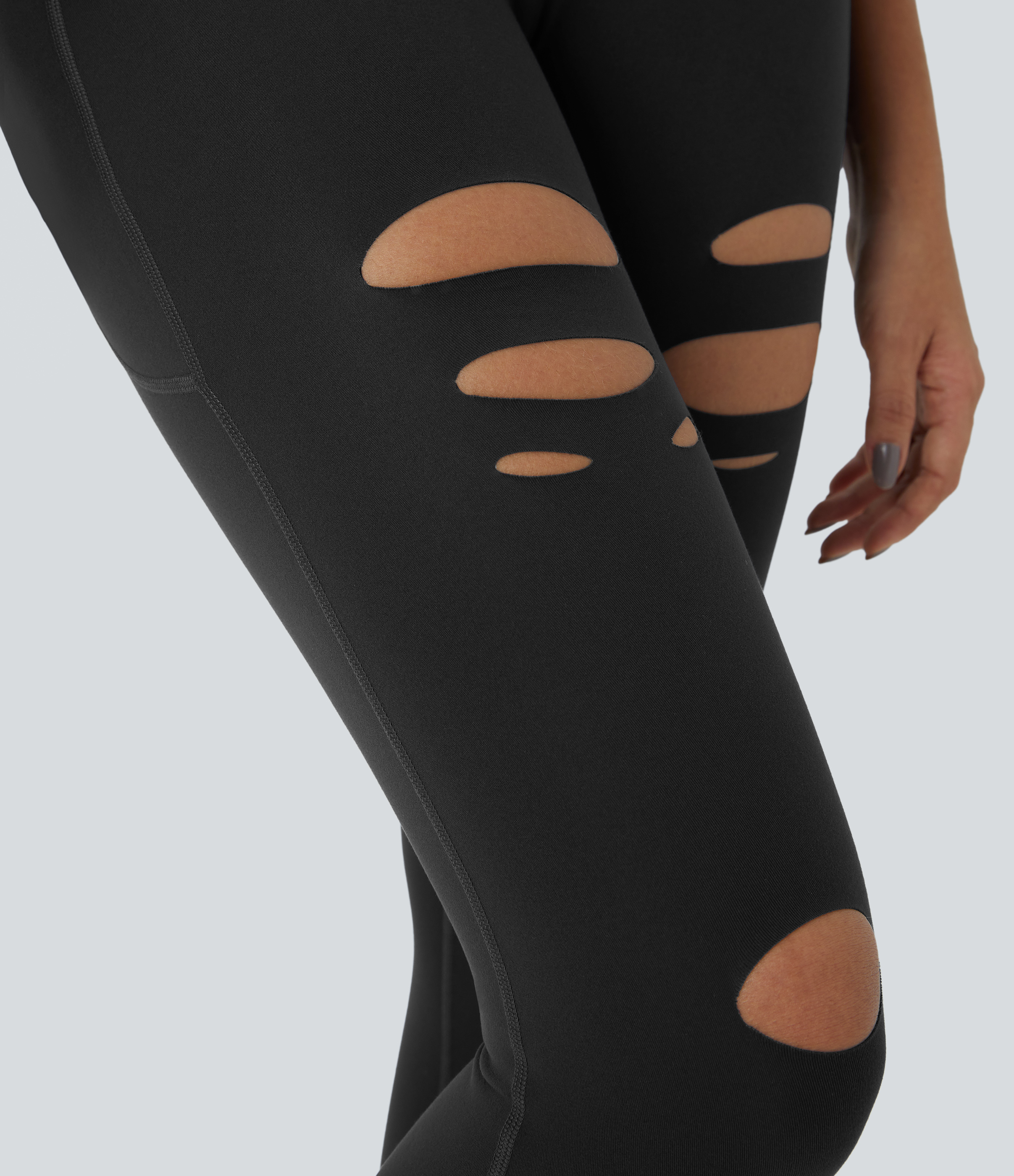 Halara High Waisted Crossover Side Pocket Ripped Cut Out Casual 7/8 Leggings  - Black - L gym leggings leggings with pockets 