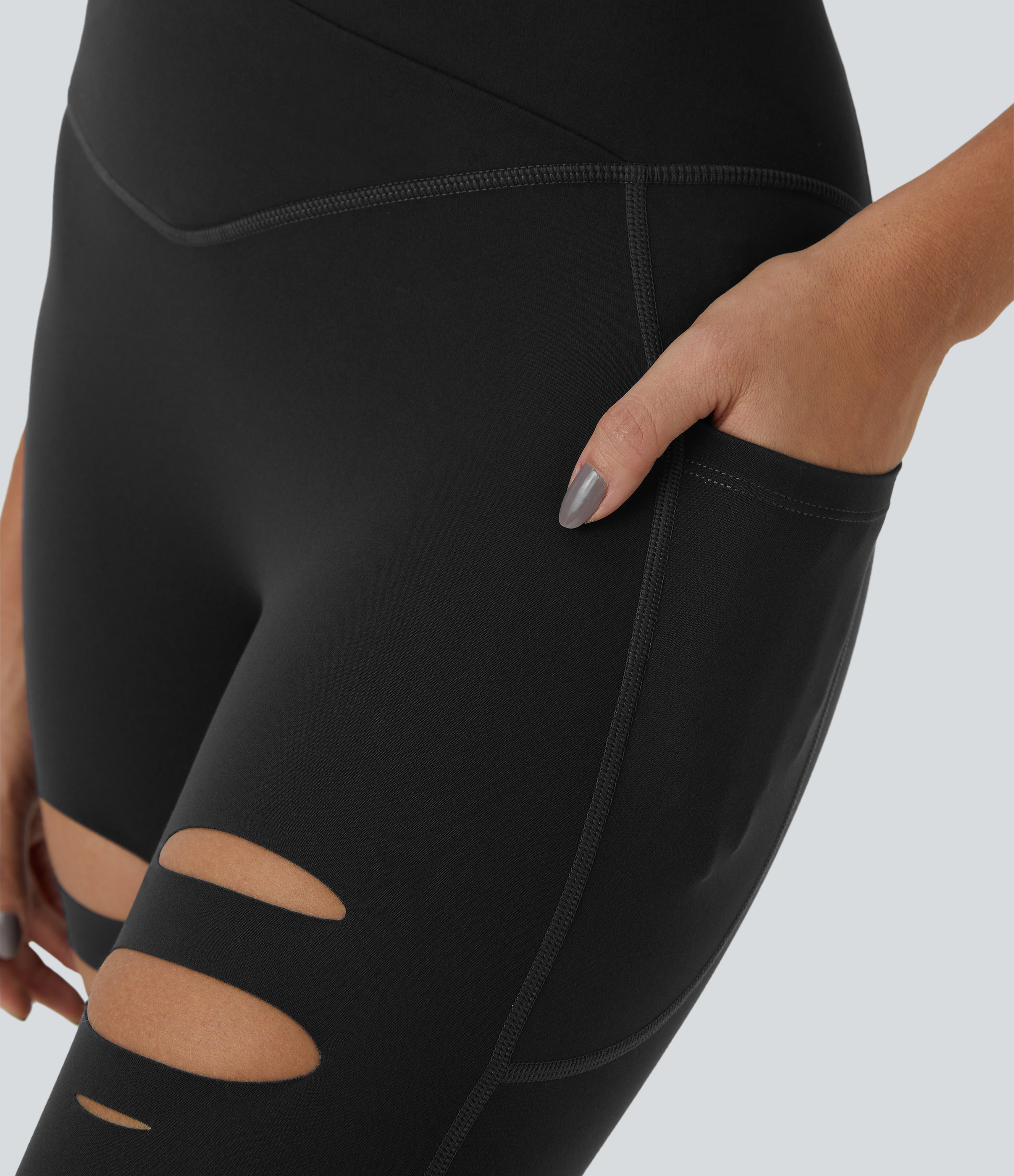 Halara High Waisted Crossover Side Pocket Ripped Cut Out Casual 7/8 Leggings  - Black - L gym leggings leggings with pockets 