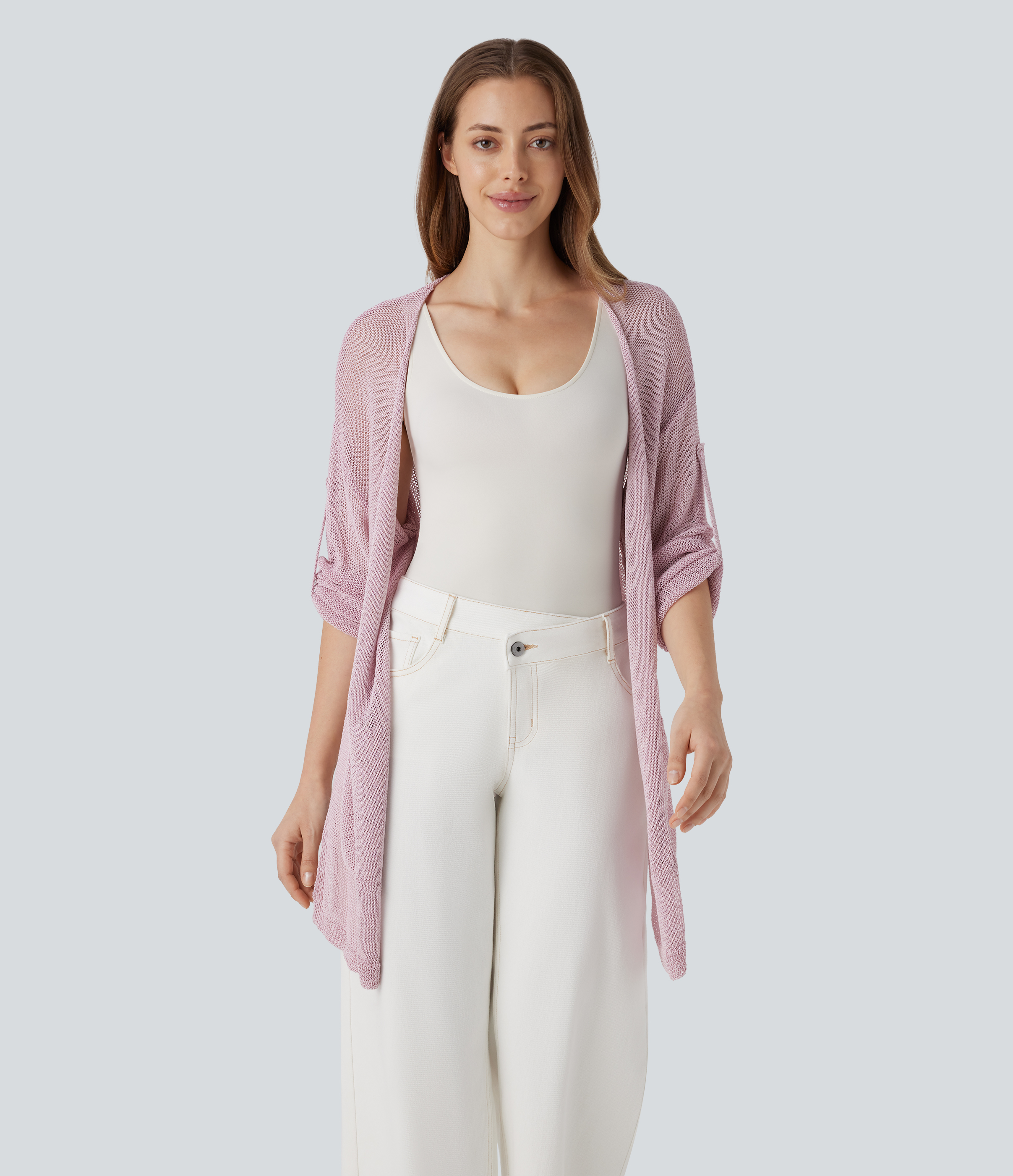 Open Front Long Sleeve Pocket Longline Casual Linen-Feel Cardigan