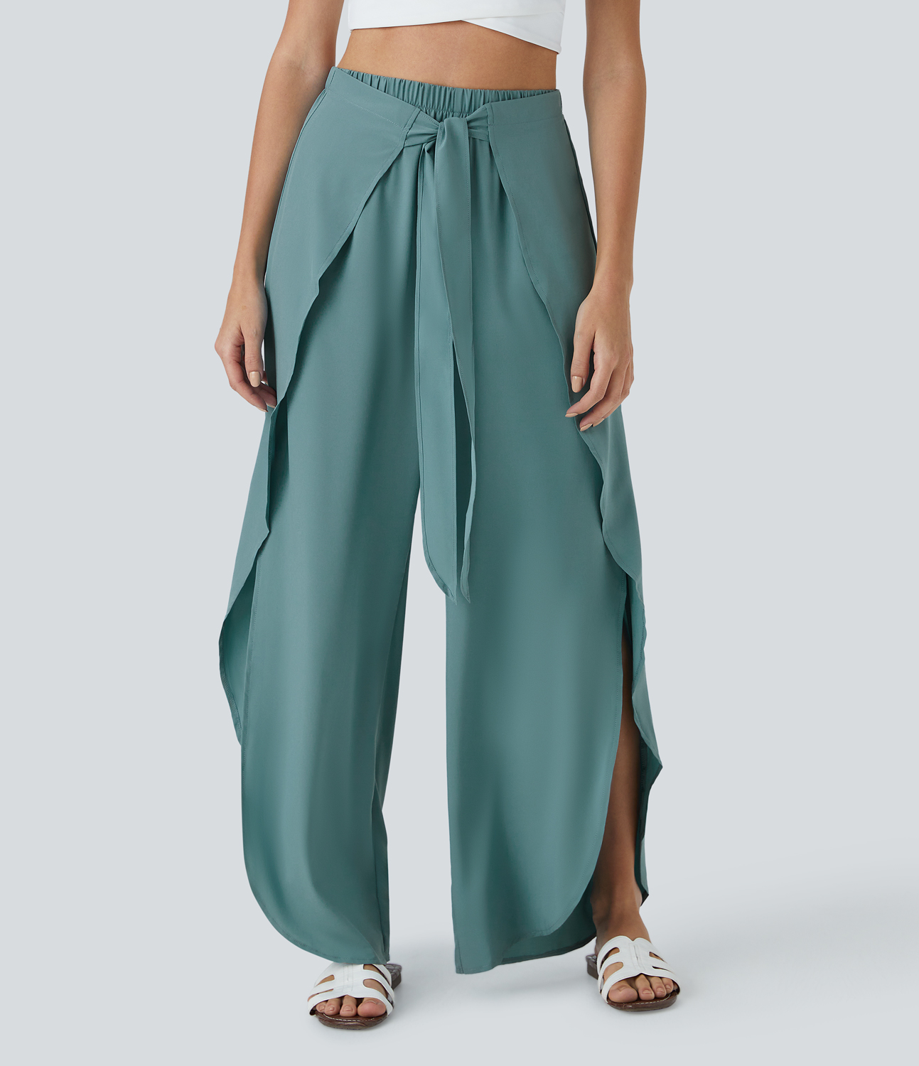 Halara Breezefulв„ў High Waisted Tie Front Palazzo Flowy Split Wide Leg Quick Dry Casual Pants  - Mineral Blue - L(regular) 