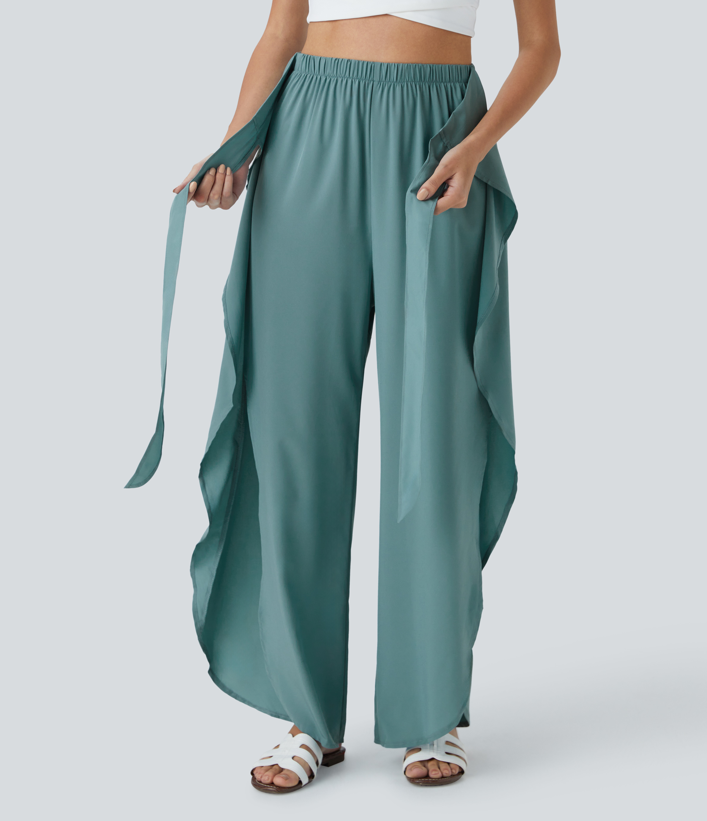 Halara Breezefulв„ў High Waisted Tie Front Palazzo Flowy Split Wide Leg Quick Dry Casual Pants  - Mineral Blue - L(regular) 