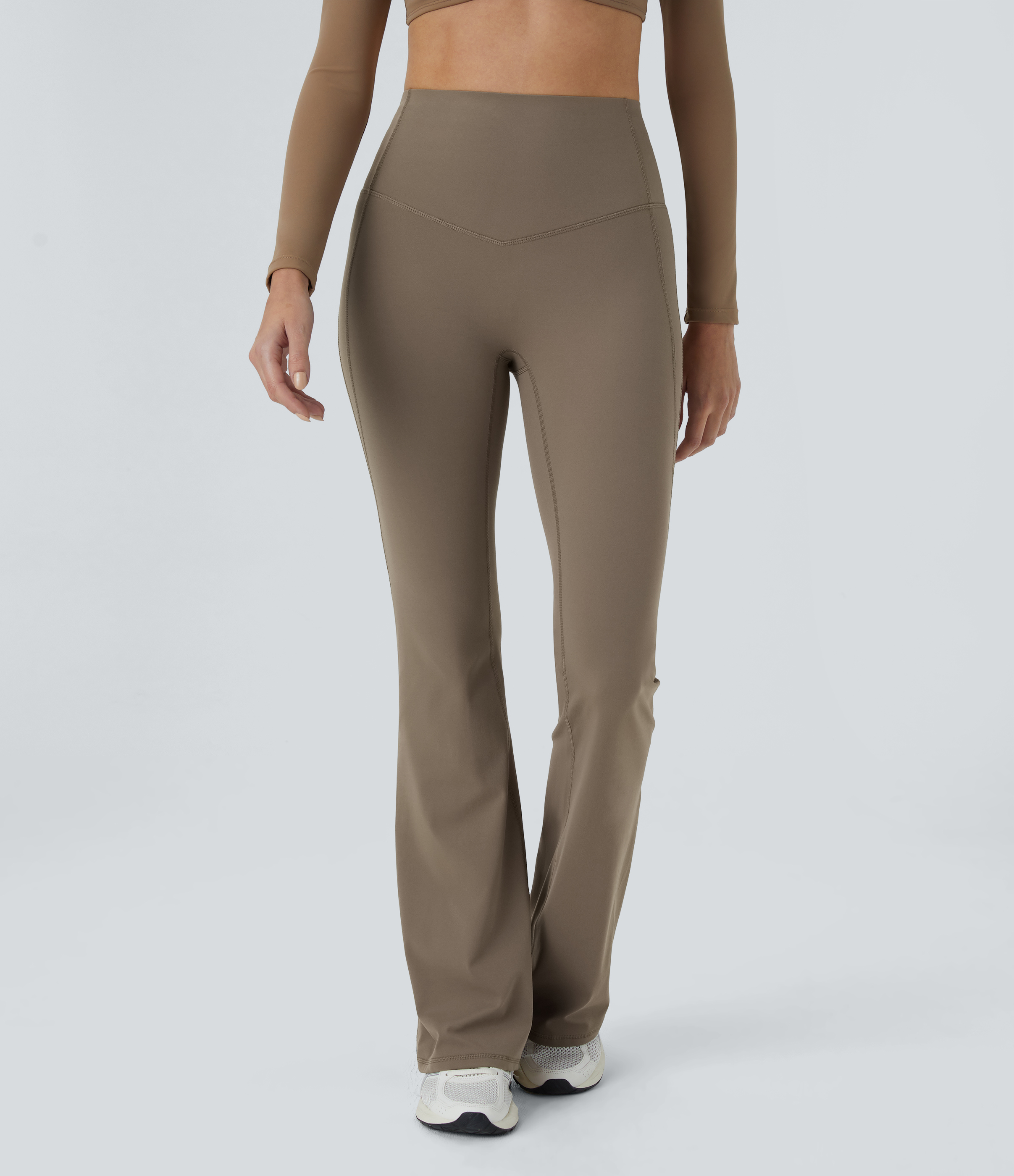 Halara SoCinched High Waisted Tummy Control Shaping Yoga UltraSculpt Flare Leggings  - Dawn Brown - S(regular) gym leggings 