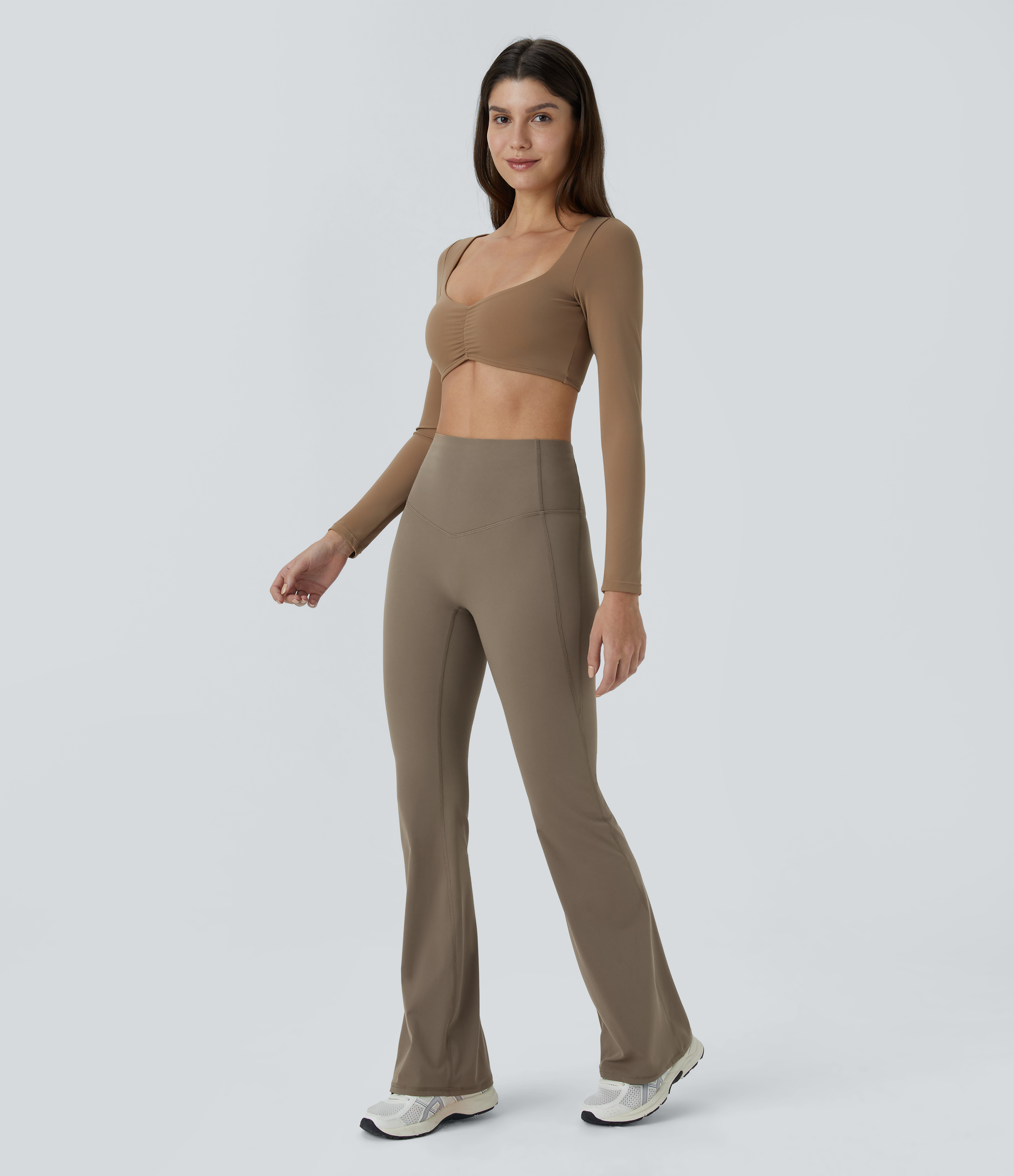 Halara SoCinched High Waisted Tummy Control Shaping Yoga UltraSculpt Flare Leggings  - Dawn Brown - S(regular) gym leggings 
