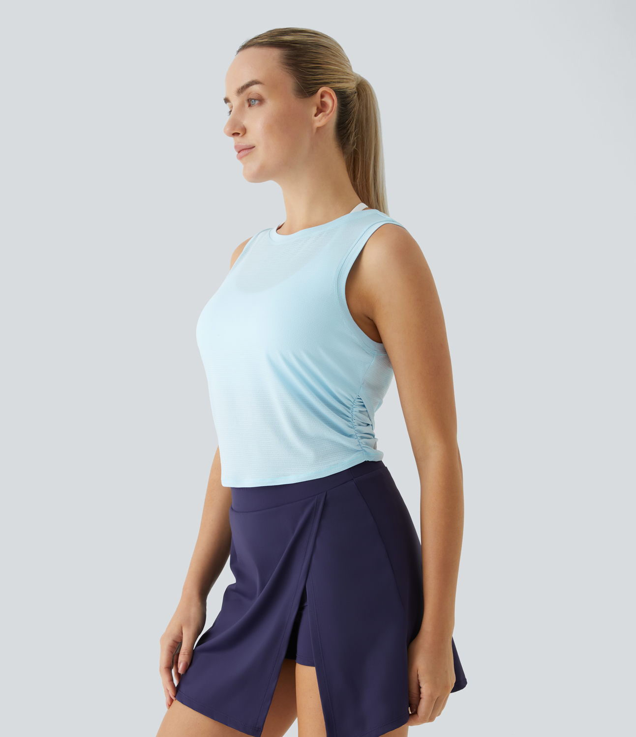 Halara Sheer Crossover Back Ruched Jacquard Tennis Tank Top Tank Top - Saltwater Slide - S golf tops halter top tunic tops sleeveless tops 