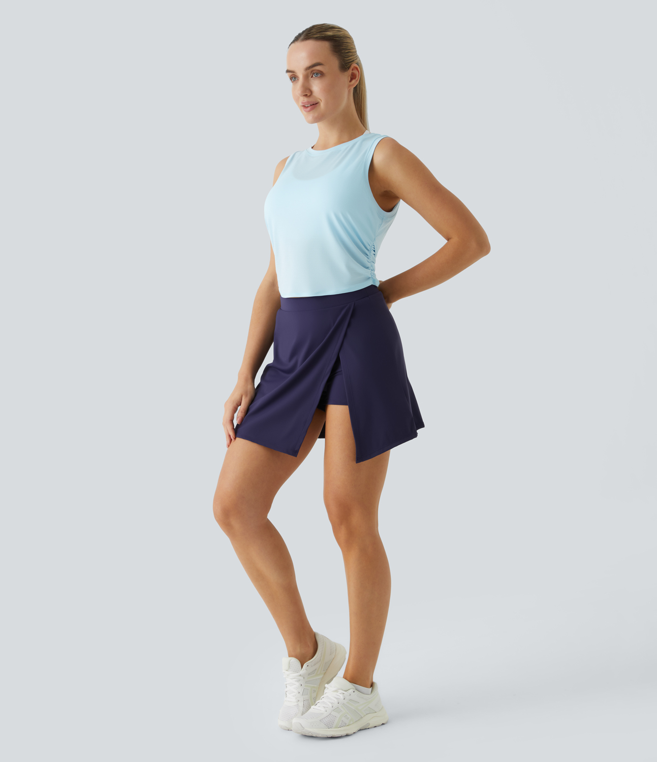 Halara Sheer Crossover Back Ruched Jacquard Tennis Tank Top Tank Top - Saltwater Slide - S golf tops halter top tunic tops sleeveless tops 