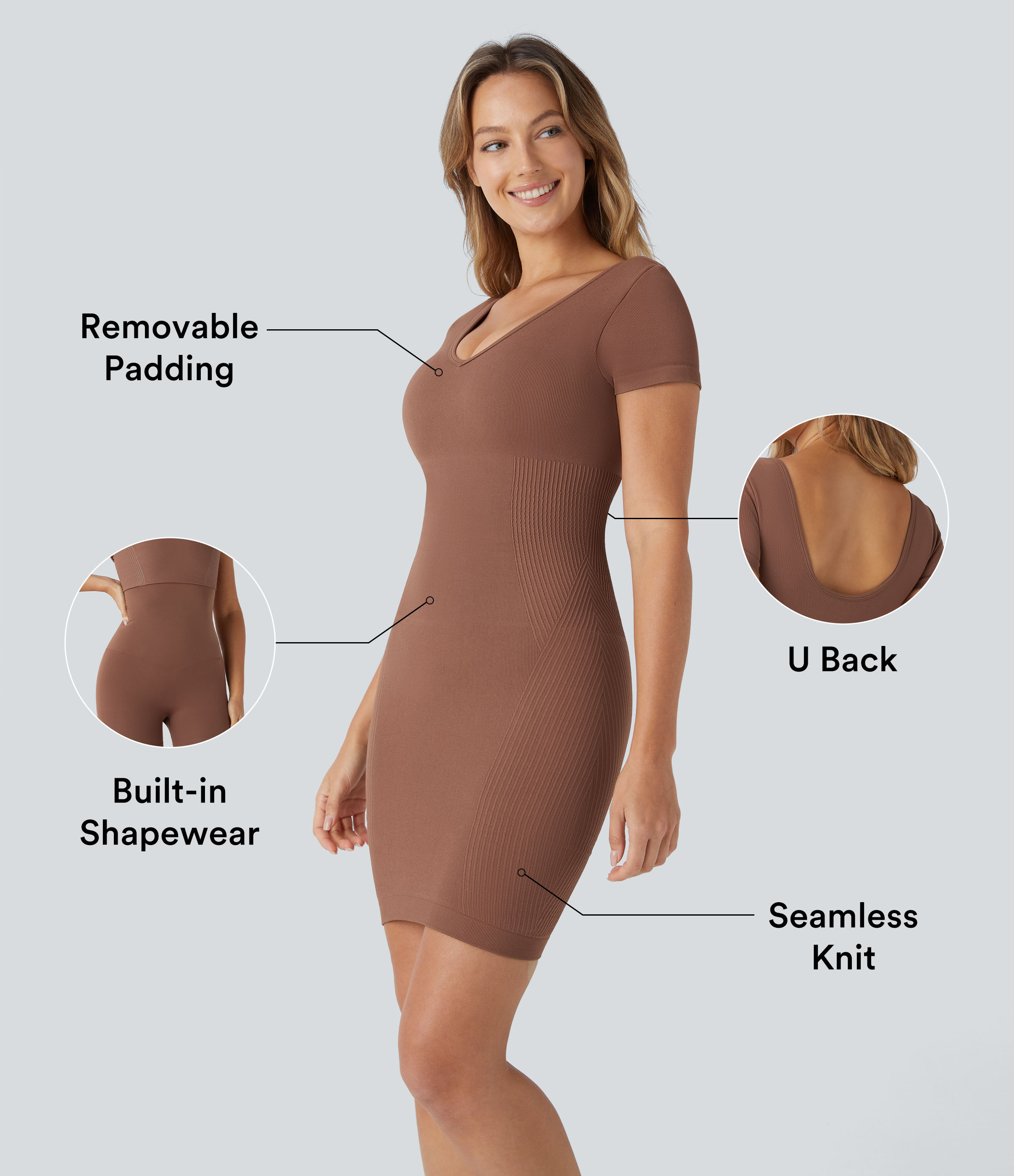 Halara Seamless Flow V Neck Backless Short Sleeve Bodycon Built-in Shapewear Mini Casual Dress Casual Dress - Russet - XL slip dress 
