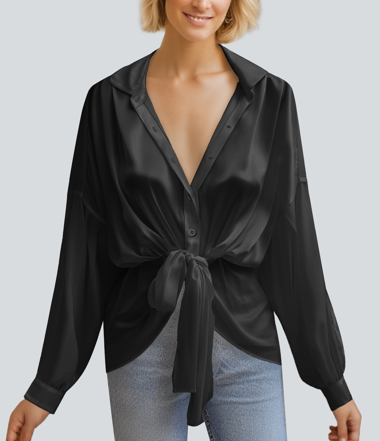 

Halara V Neck Dropped Shoulder Long Sleeve Button Tie Front Casual Blouse - Black