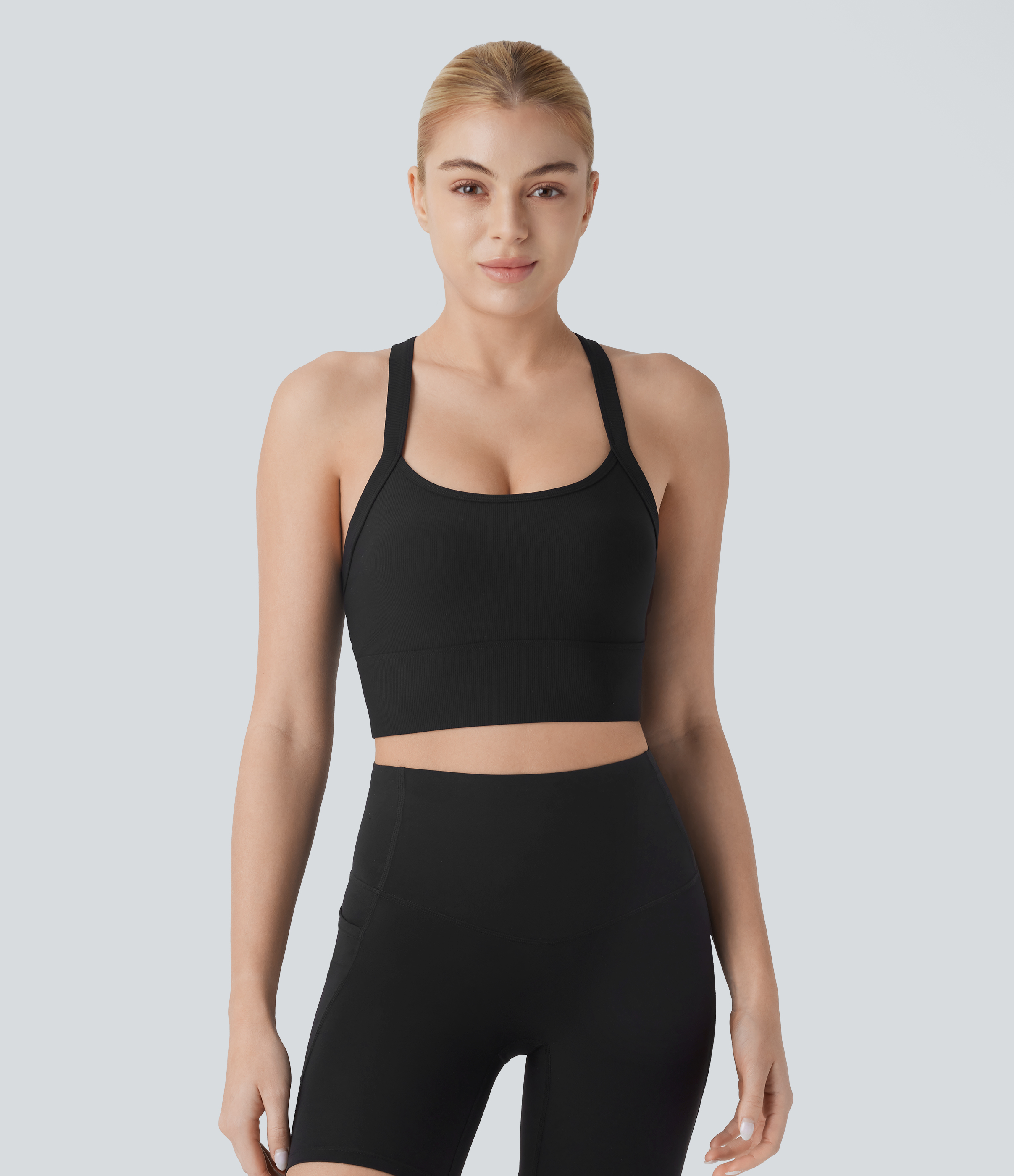 Halara Patitoffв„ў Flow Pet Hair Resistant Backless Adjustable Strap Cropped Yoga Tank Top Tank Top - Black - M golf tops halter top tunic tops 
