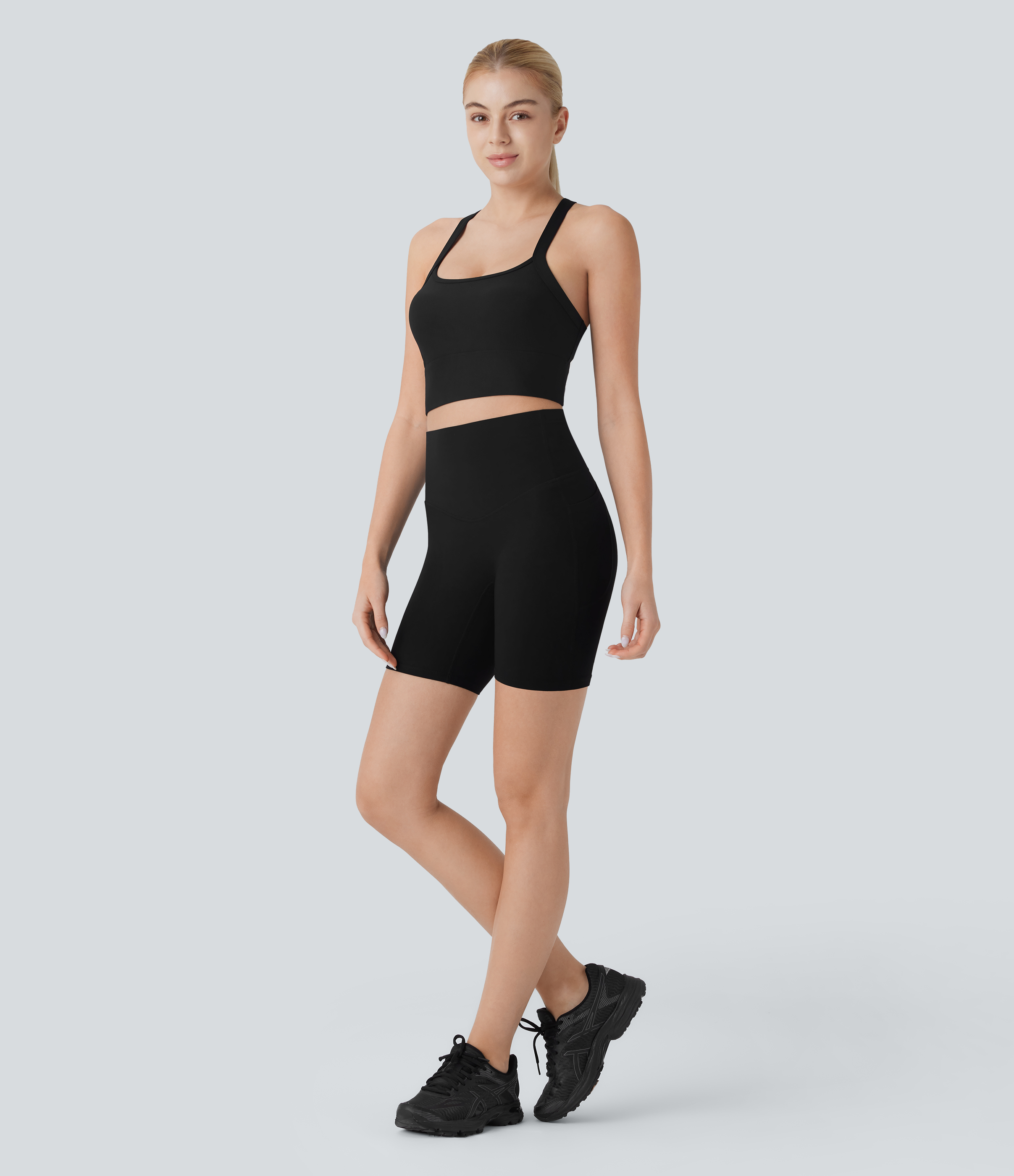 Halara Patitoffв„ў Flow Pet Hair Resistant Backless Adjustable Strap Cropped Yoga Tank Top Tank Top - Black - M golf tops halter top tunic tops 