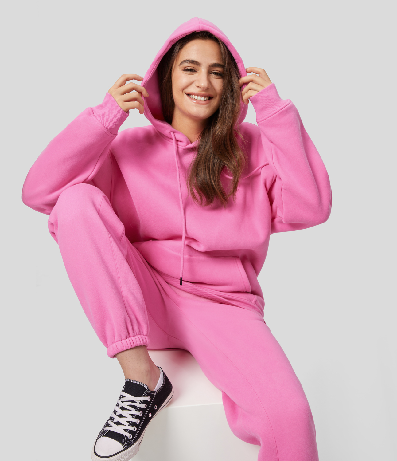 

Halara Hooded Drawstring Dropped Shoulder Kangaroo Pocket Fleece Hoodie Sweatshirt - Candy Frost Pink