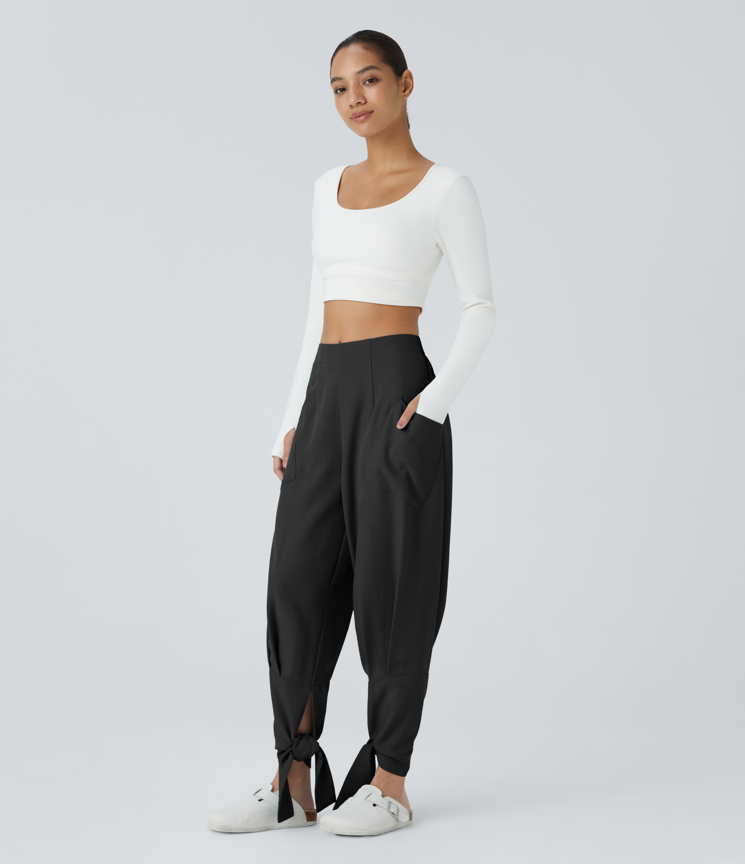 Halara Mid Rise Side Pocket Plicated Knot Casual Pants  - Black - S(regular) sweatpants jogger pants stacked sweatpants cargo joggers 