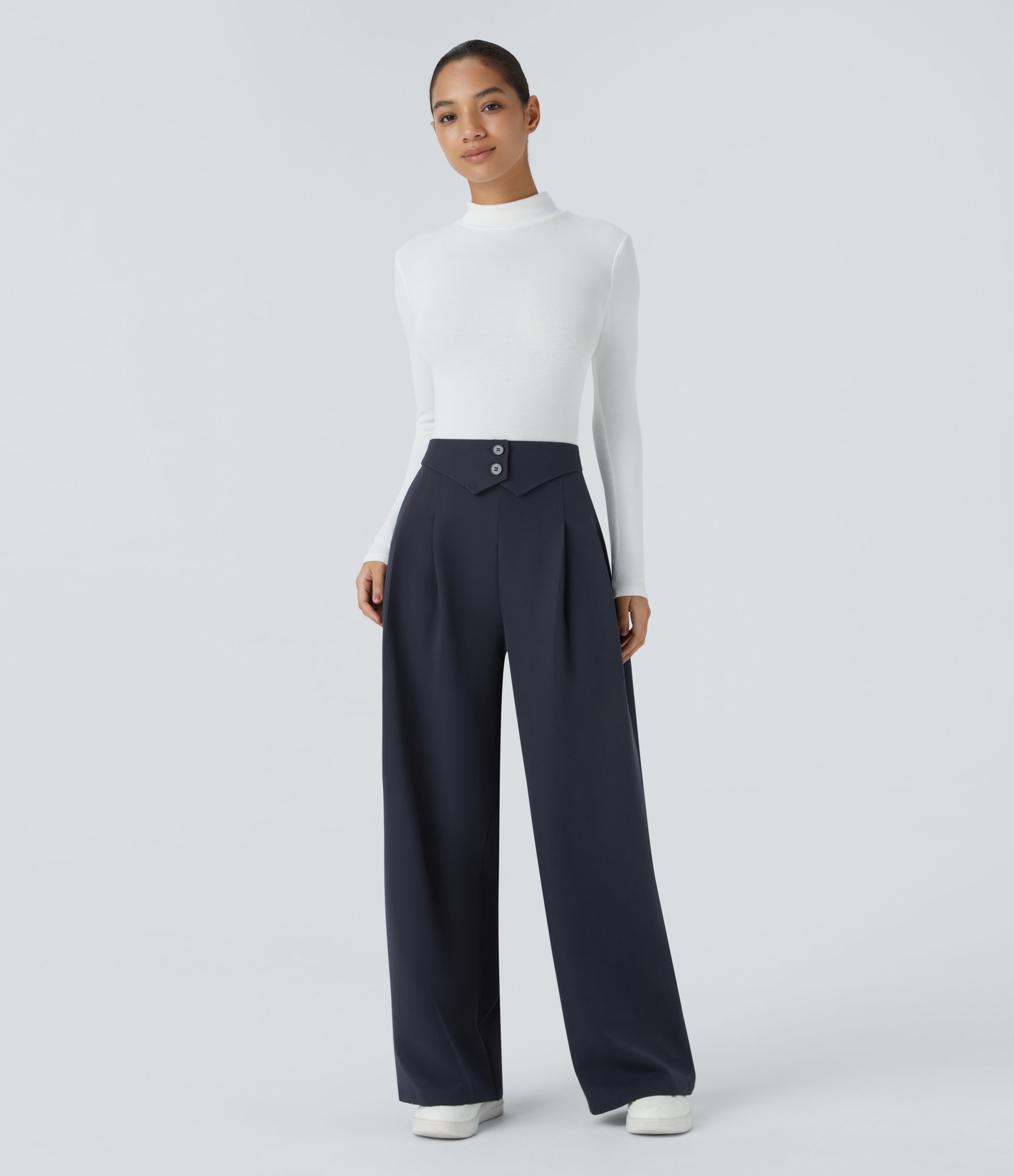 Halara High Waisted Decorative Button Invisible Zipper Side Pocket Wide Leg Work Pants  - Midnight Blue - XL(regular) sweatpants jogger pants 