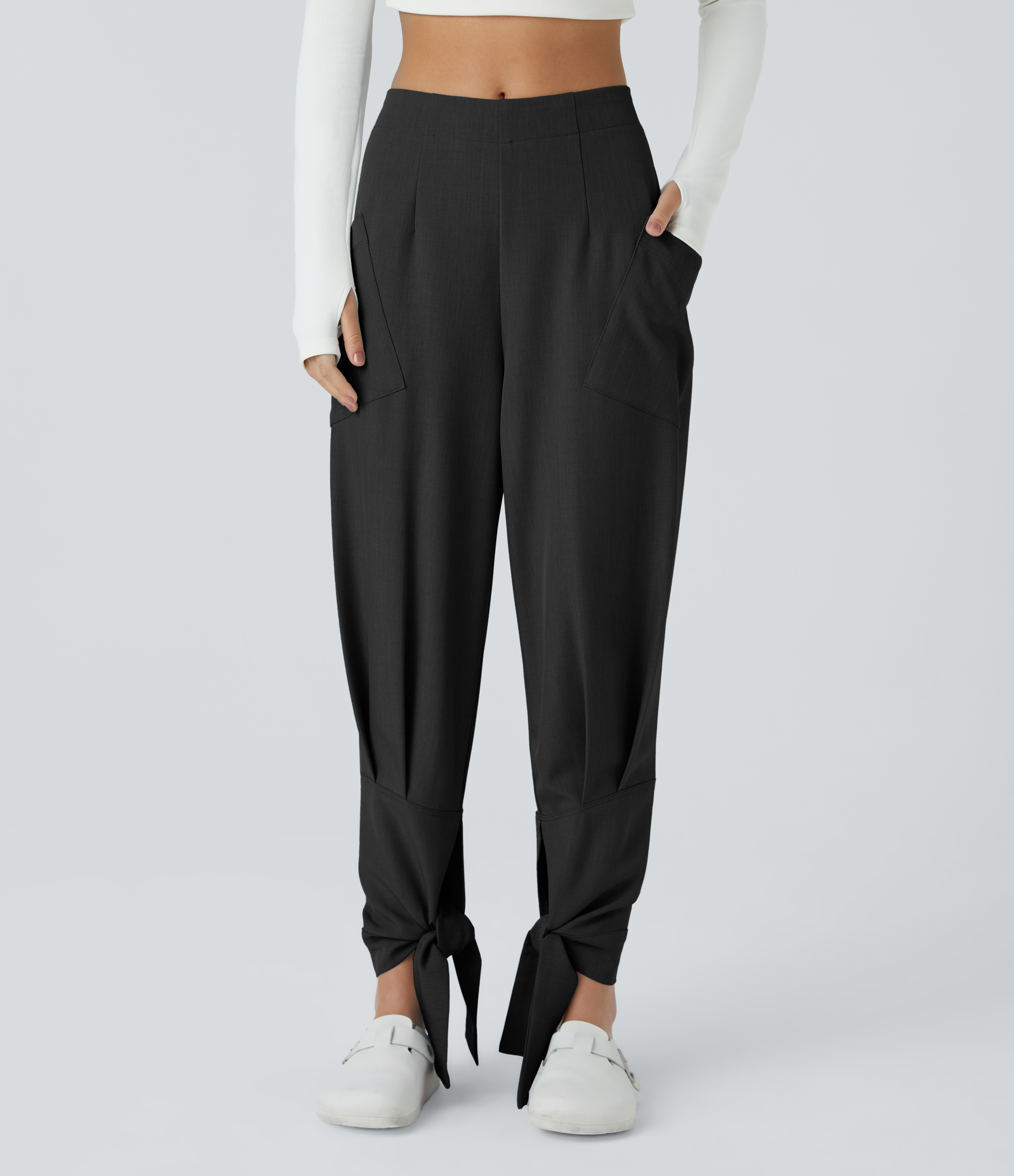 Halara Mid Rise Side Pocket Plicated Knot Casual Pants  - Black - S(regular) sweatpants jogger pants stacked sweatpants cargo joggers 