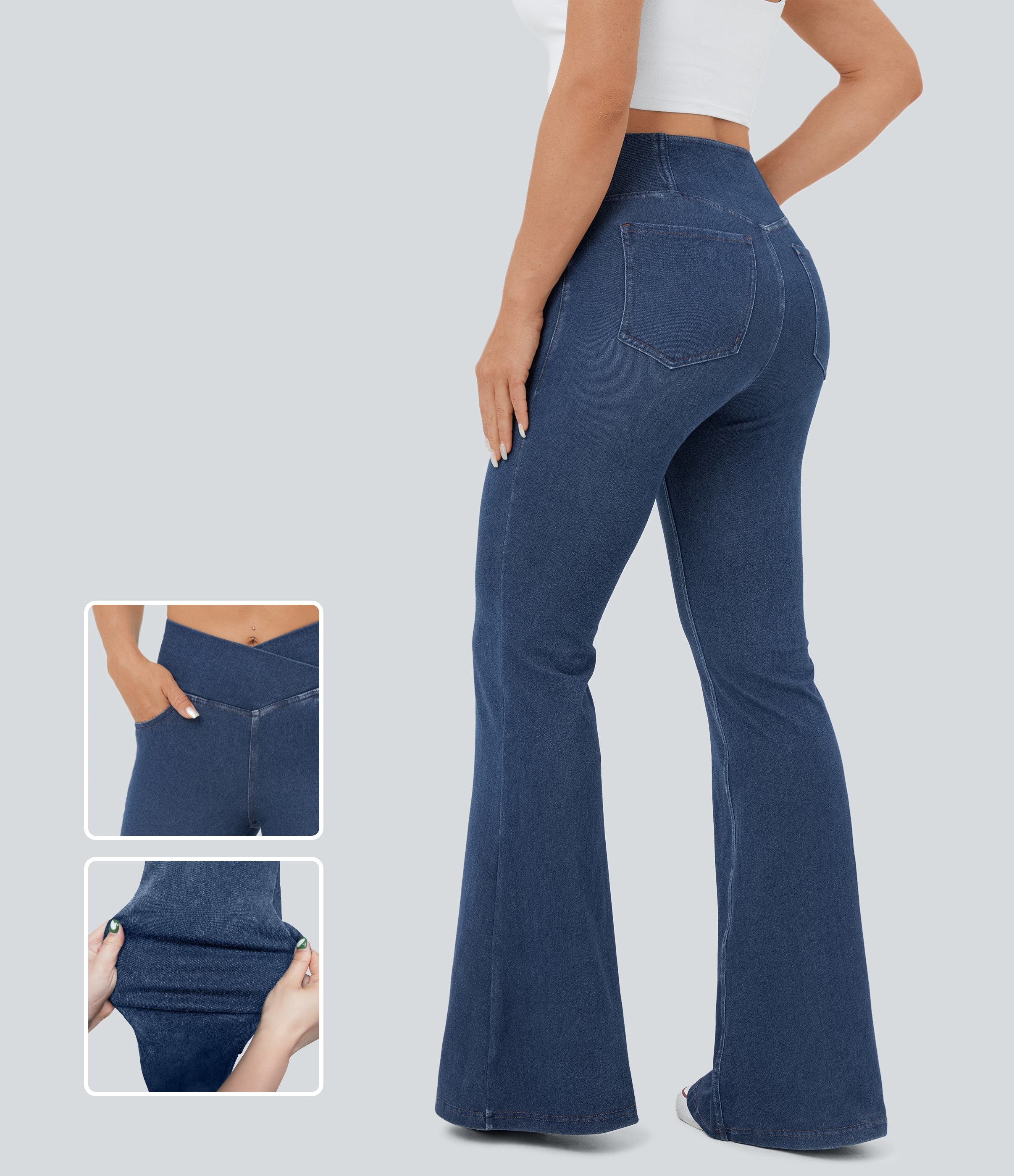 Halara HalaraMagicв„ў High Waisted Crossover Pocket Cool Touch Breathable Washed Stretchy Knit Denim Casual Super Flare Pants  - Washed Denim Dark Blue - L 