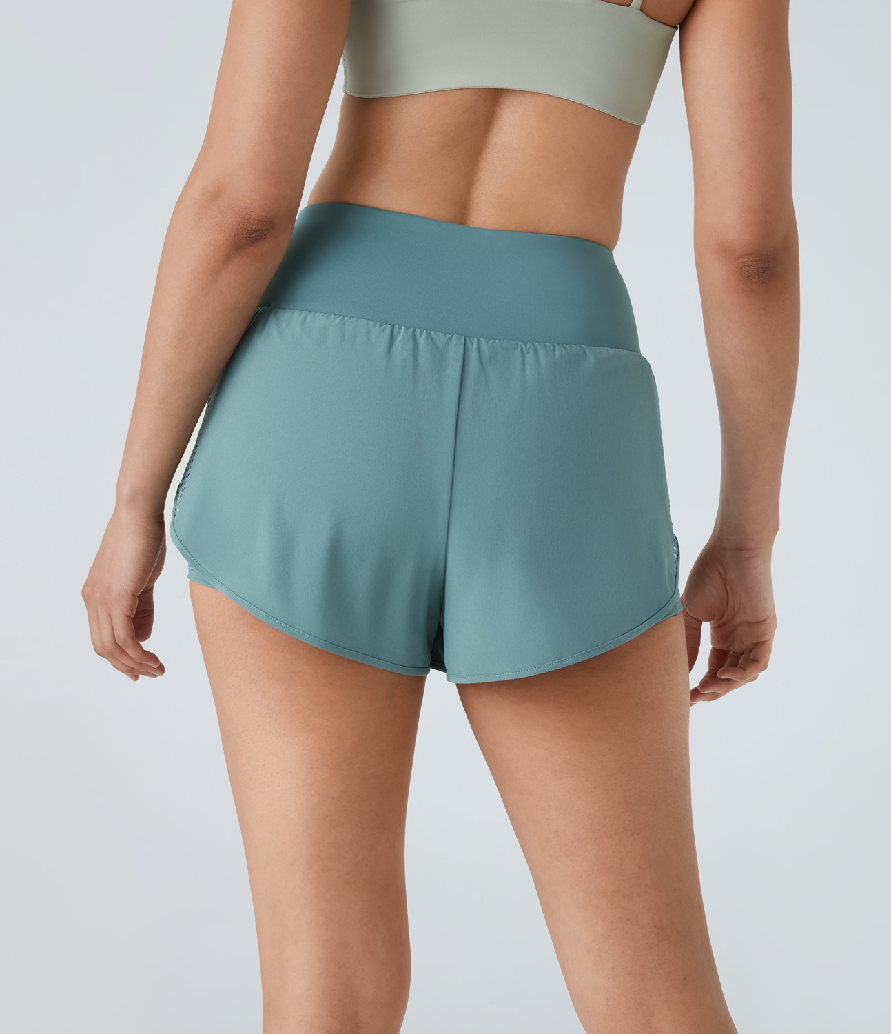Halara Breezefulв„ў High Waisted Mesh 2-in-1 Side Pocket Quick Dry Yoga Shorts Gym Short - Stone Blue - S booty shorts compression shorts 