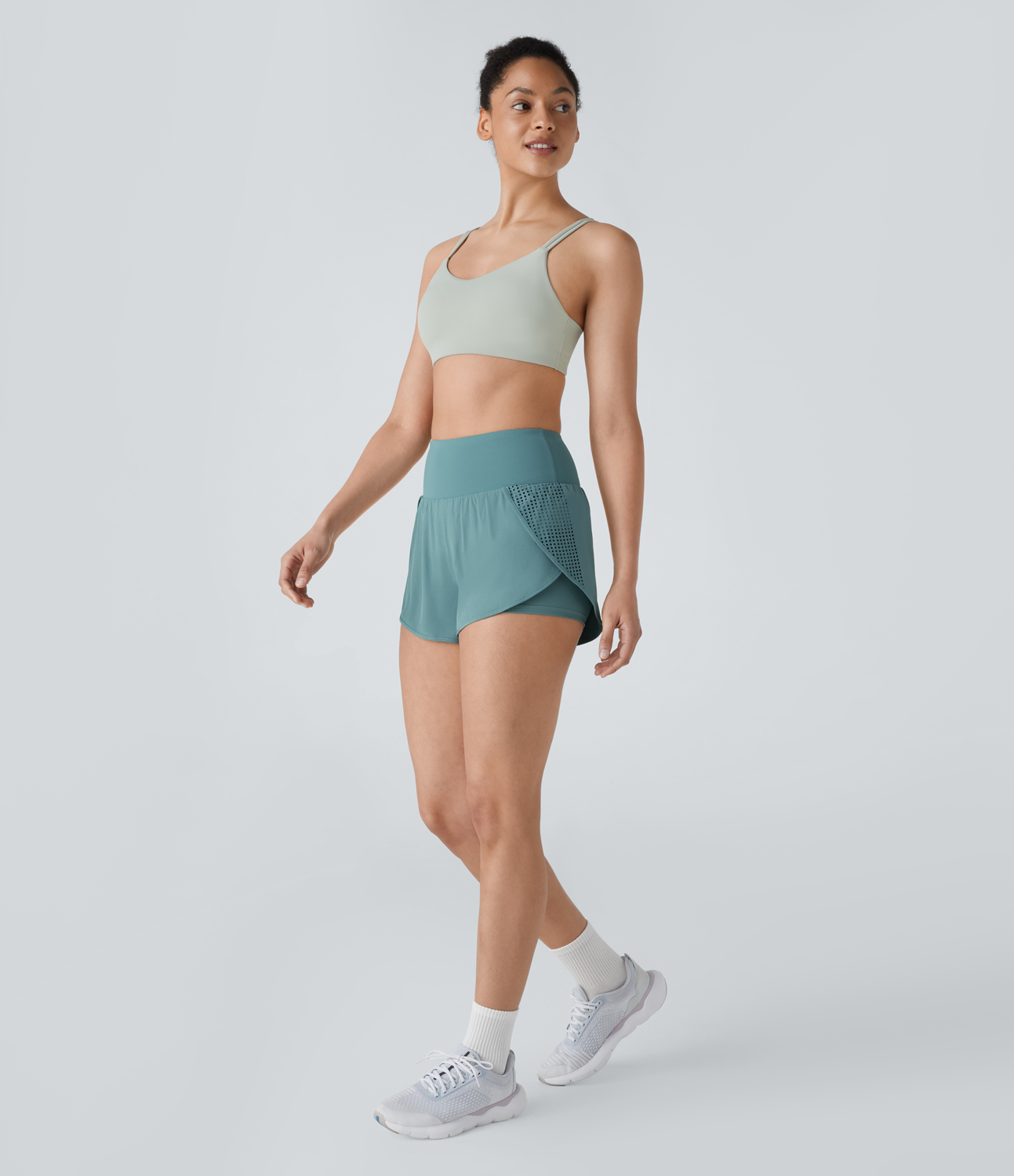 Halara Breezefulв„ў High Waisted Mesh 2-in-1 Side Pocket Quick Dry Yoga Shorts Gym Short - Stone Blue - S booty shorts compression shorts 
