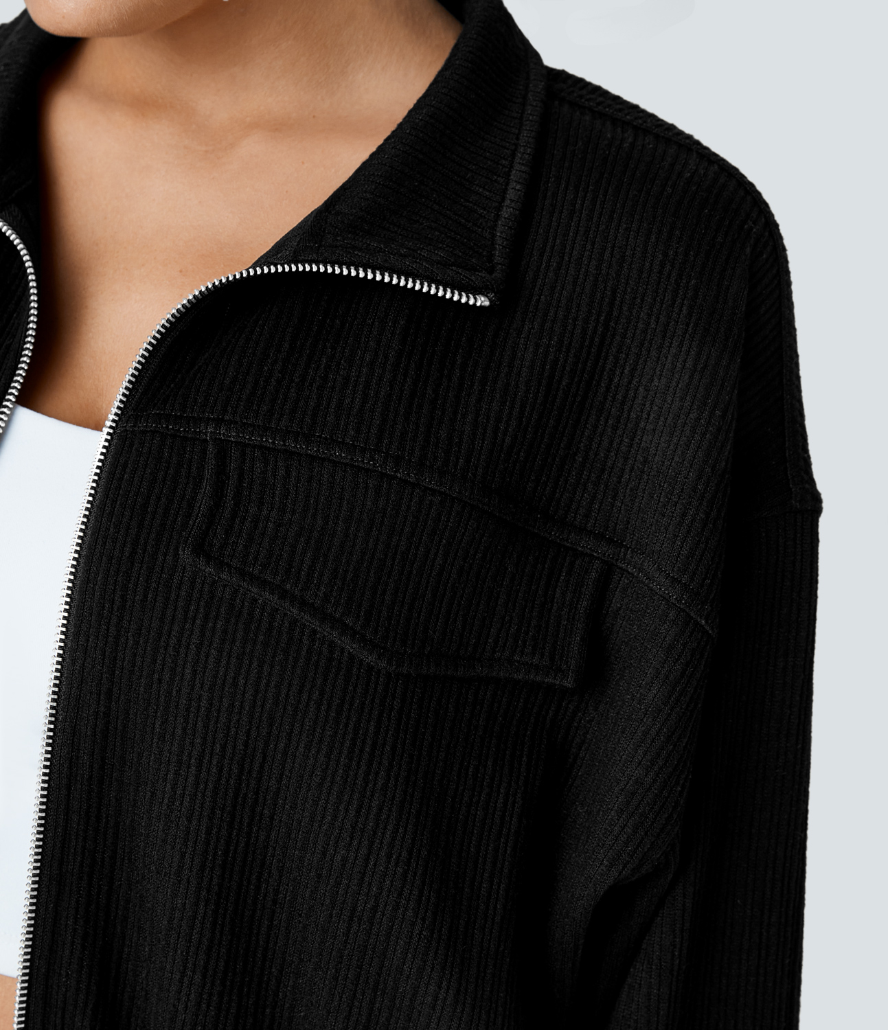 Halara Ribbed Stand Collar Zipper Long Sleeve Casual Jacket  - Black - L 