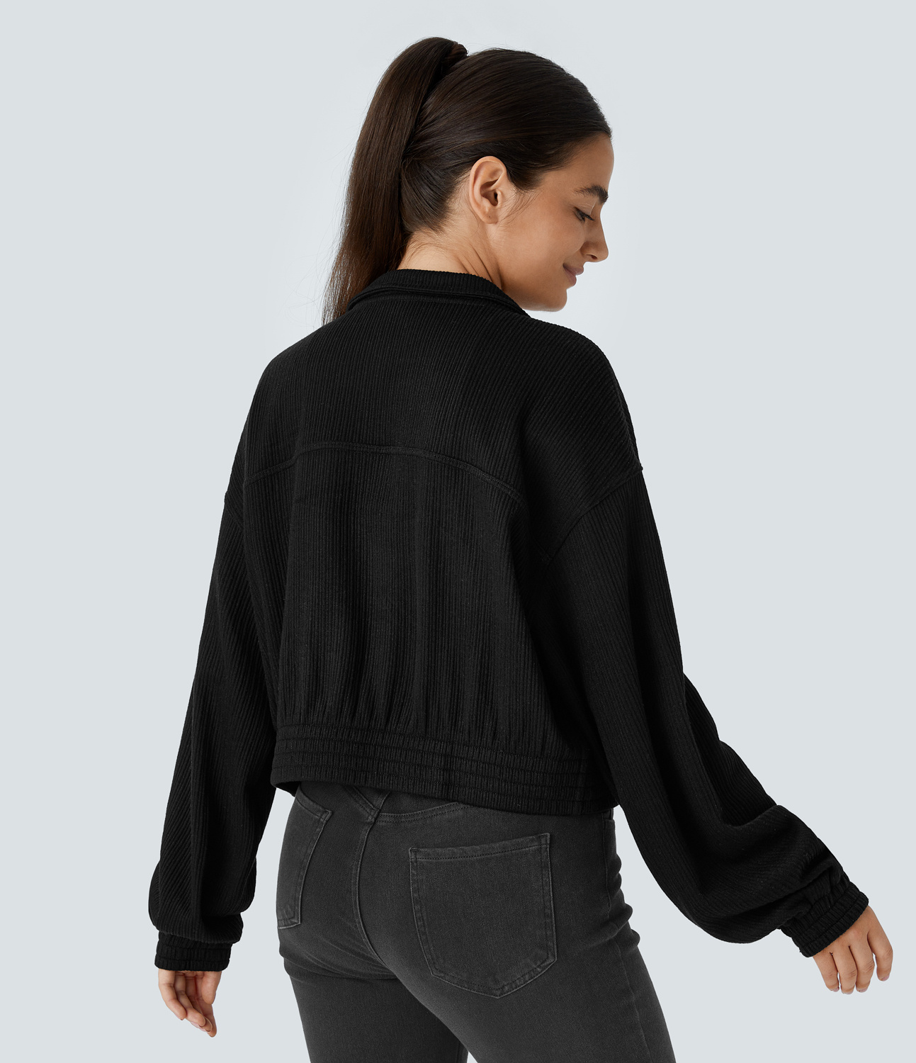 Halara Ribbed Stand Collar Zipper Long Sleeve Casual Jacket  - Black - L 