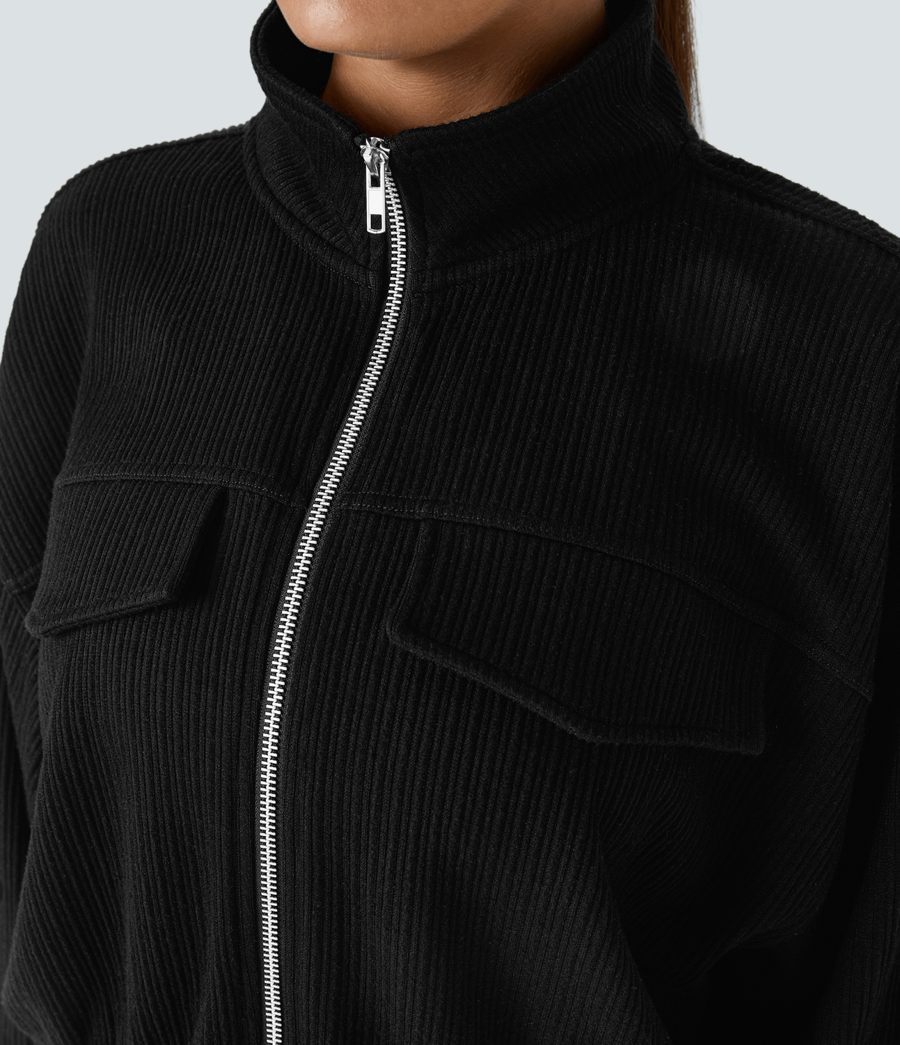Halara Ribbed Stand Collar Zipper Long Sleeve Casual Jacket  - Black - L 