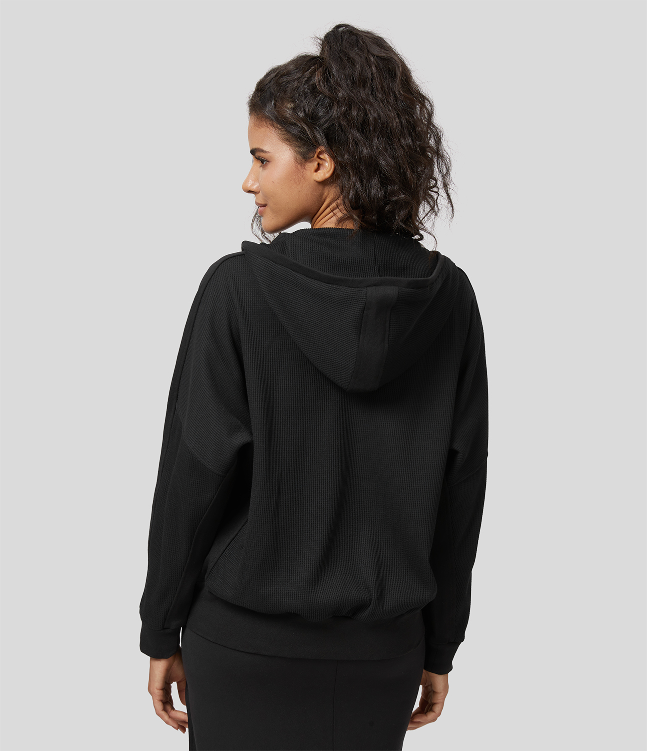 

Halara Hooded Zipper Dropped Shoulder Pocket Waffle Casual Jacket - Black