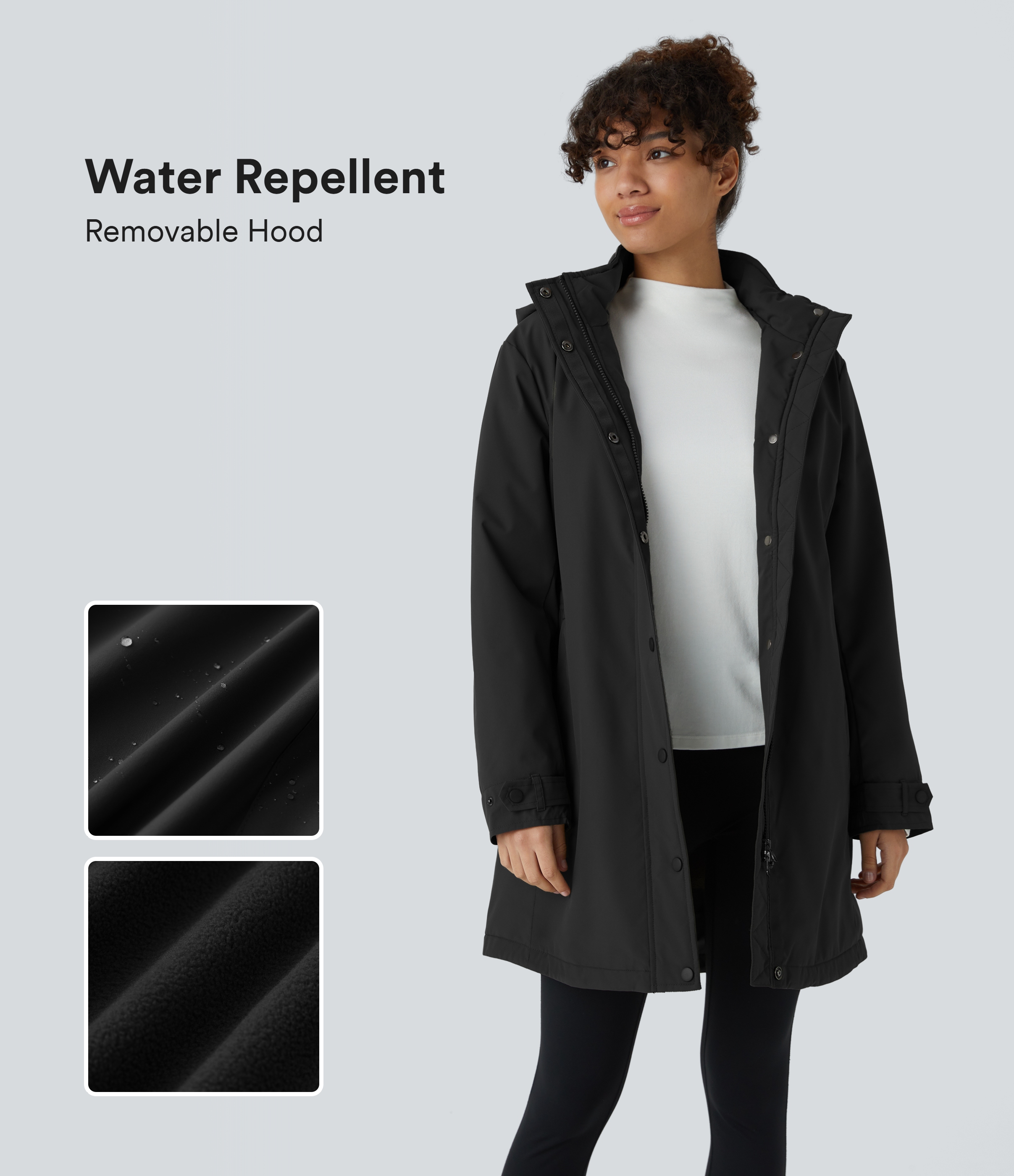 Halara Water Repellent Removable Hood Stand Collar Button Zipper Long Sleeve Side Pocket Longline Fleece Hiking Jacket  - Black - M 