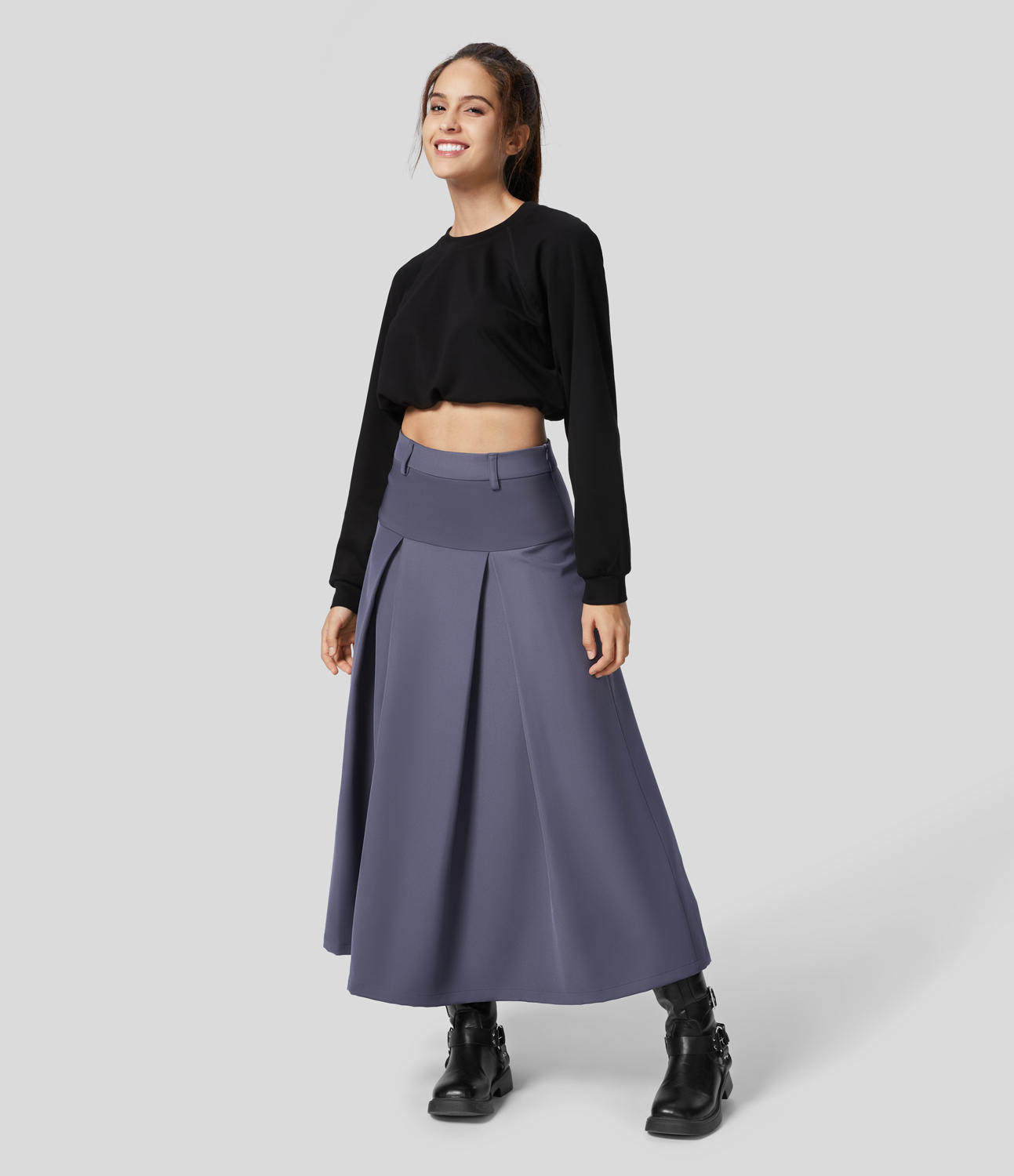 Halara High Waisted Side Zipper Solid Pleated Casual Skirt  - Heron - L 