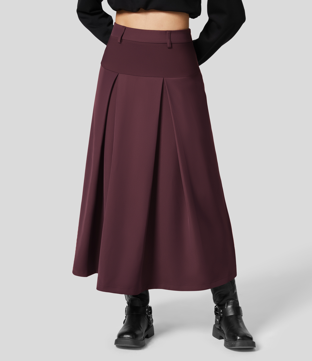 Halara High Waisted Side Zipper Solid Pleated Casual Skirt  - Vineyard Wine - L 