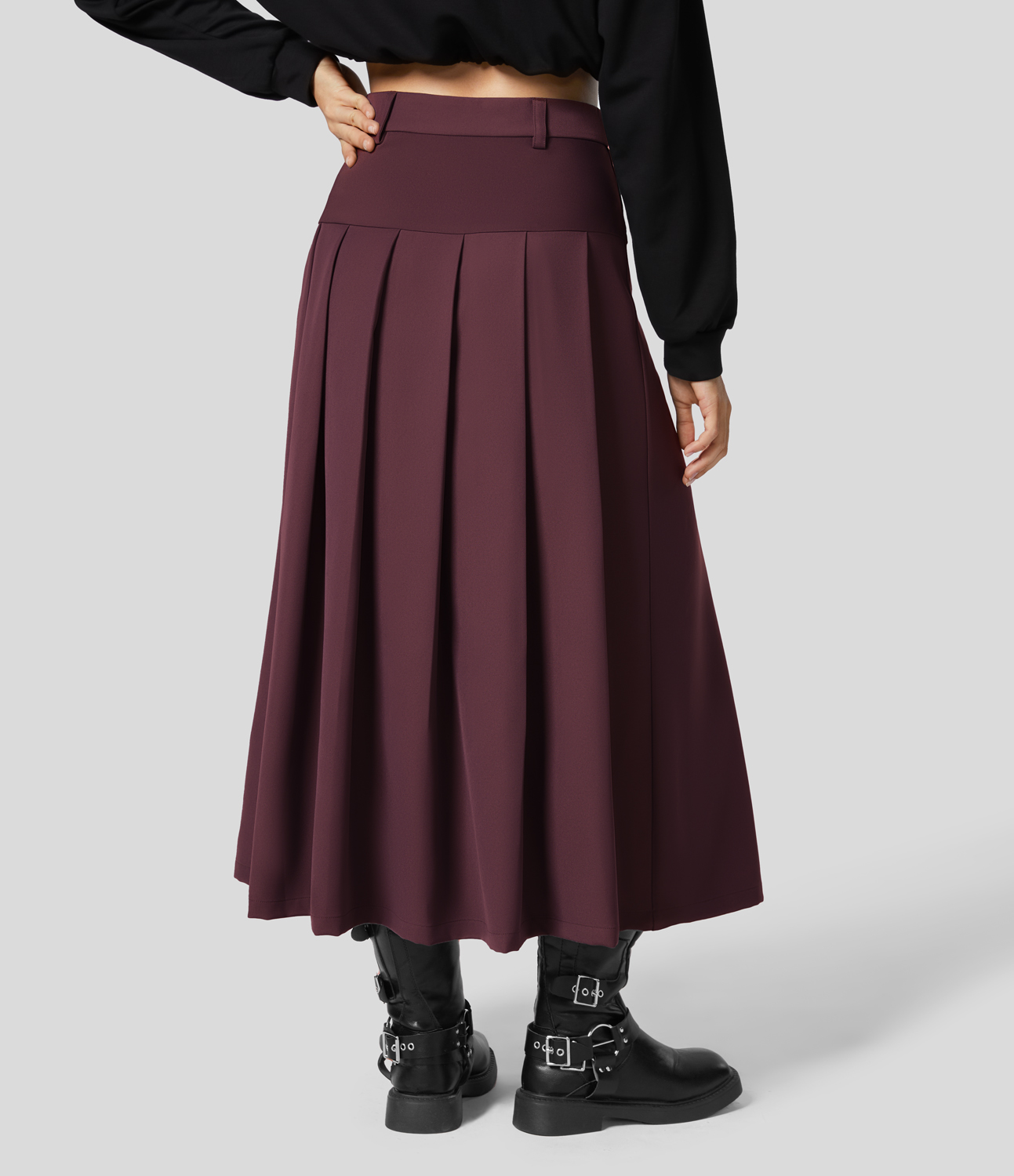 Halara High Waisted Side Zipper Solid Pleated Casual Skirt  - Vineyard Wine - L 