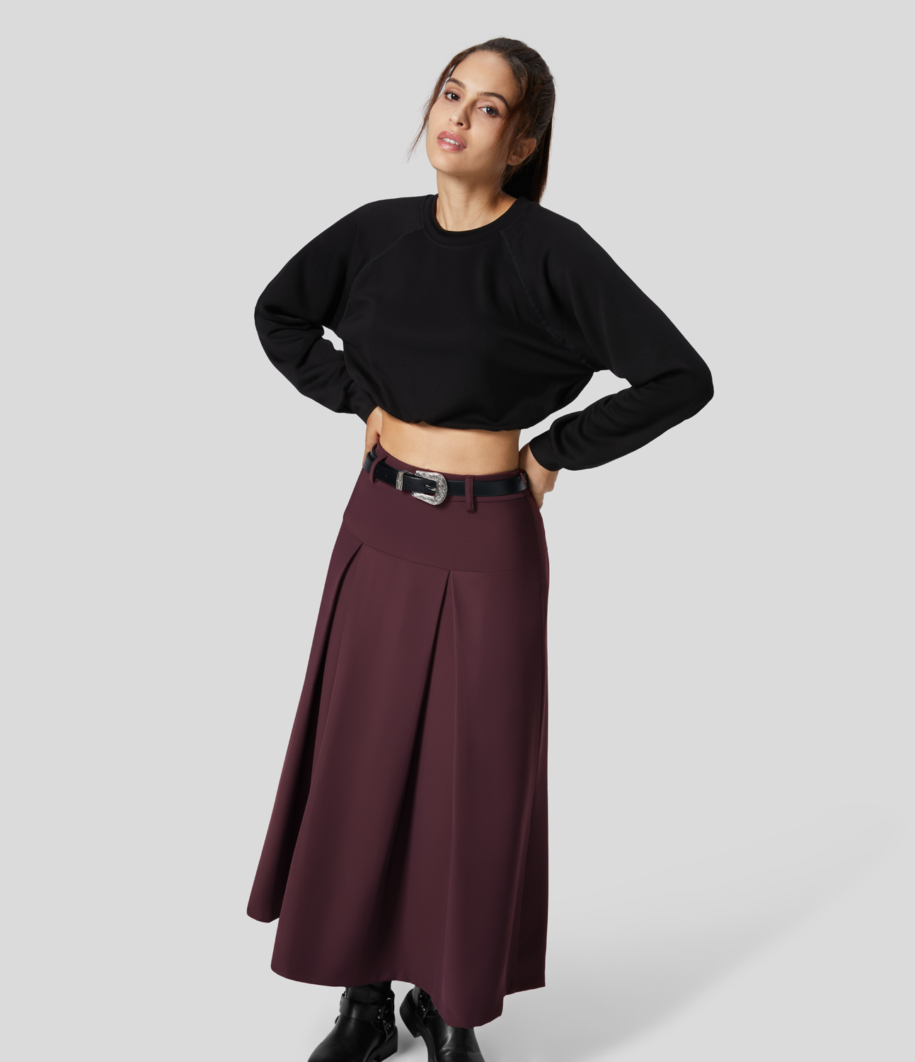 Halara High Waisted Side Zipper Solid Pleated Casual Skirt  - Vineyard Wine - L 
