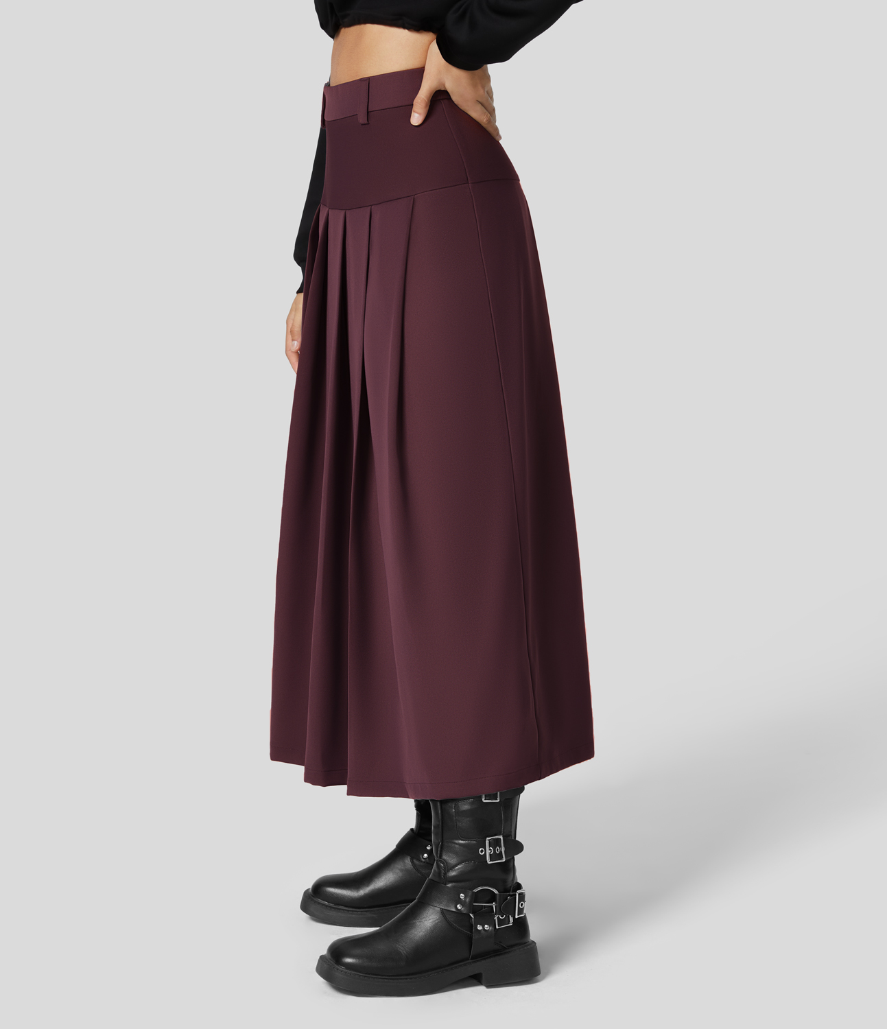 Halara High Waisted Side Zipper Solid Pleated Casual Skirt  - Vineyard Wine - L 