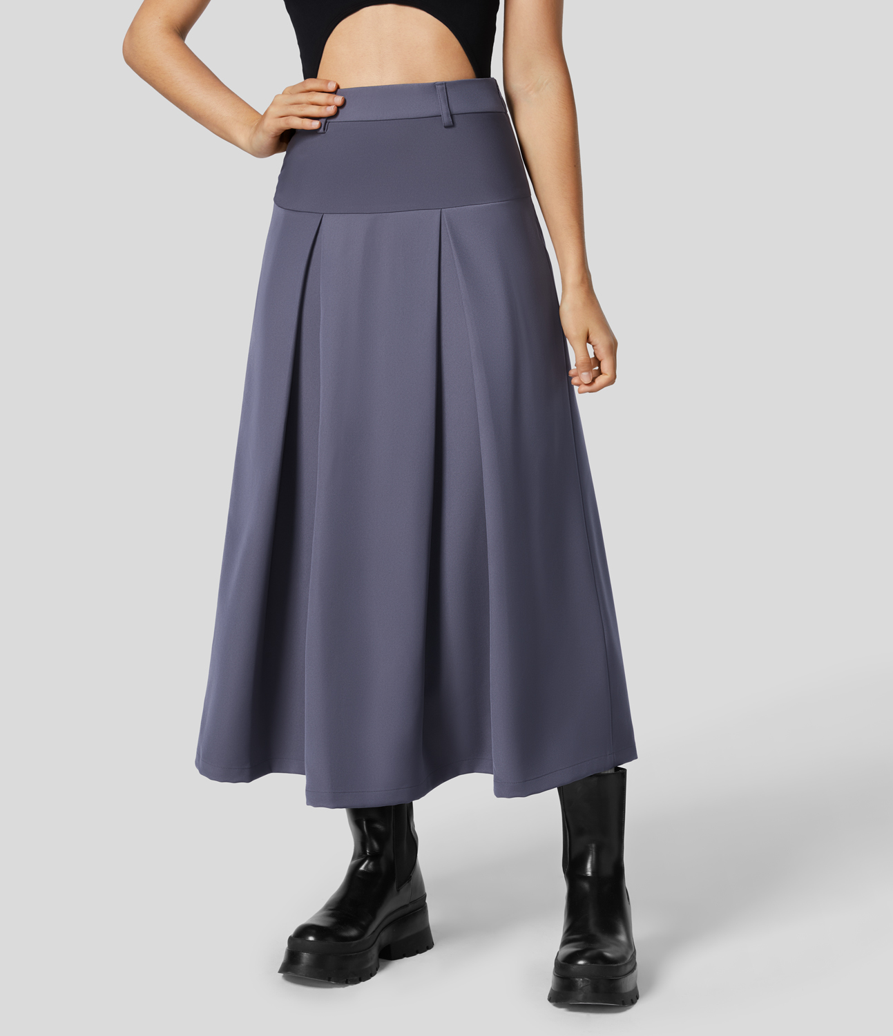 Halara High Waisted Side Zipper Solid Pleated Casual Skirt  - Heron - L 