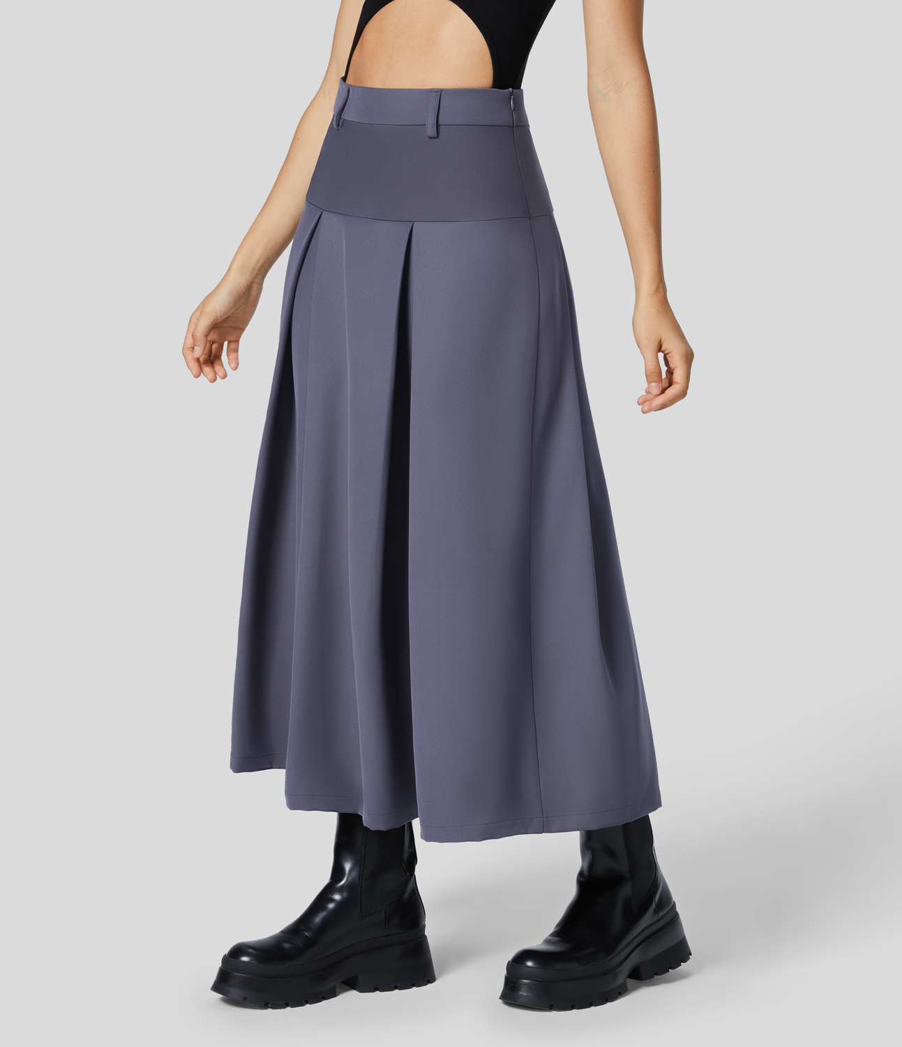 Halara High Waisted Side Zipper Solid Pleated Casual Skirt  - Heron - L 