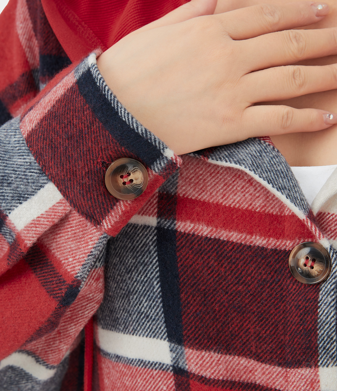 Halara Hooded Drawstring Button Side Pocket Plaid Fleece Casual Jacket  - Volcanic Red Lattice - XL 